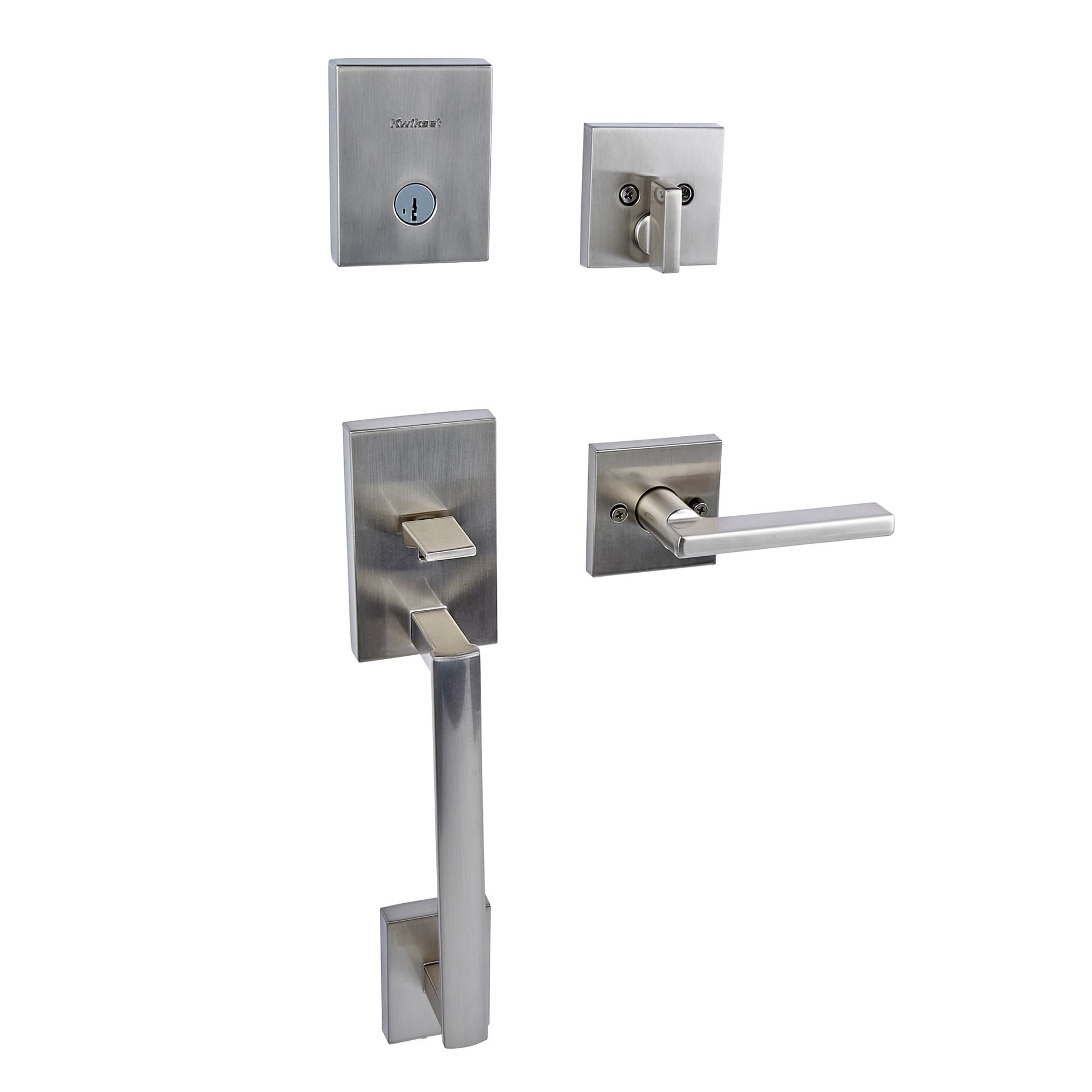 slide 2 of 6, Kwikset Signature Series San Clemente Satin Nickel Exterior Single-Cylinder Deadbolt and Keyed Entry Door Handleset ft. SmartKey Security, 1 ct