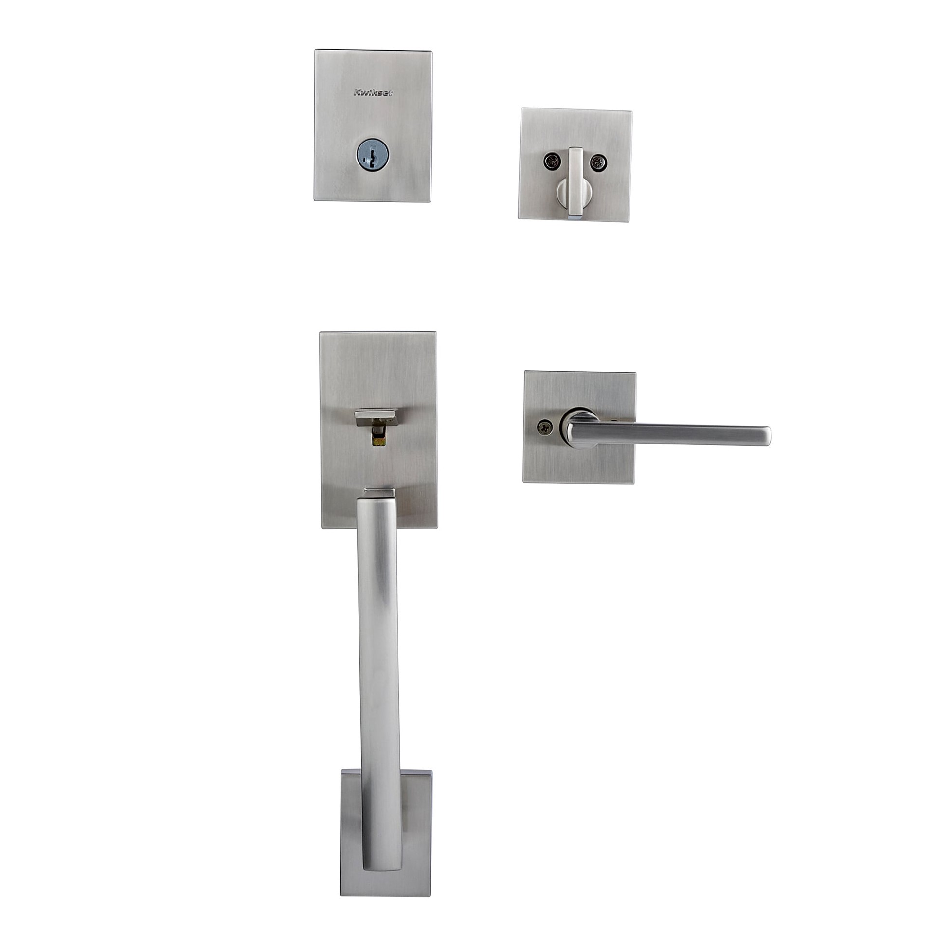 slide 3 of 6, Kwikset Signature Series San Clemente Satin Nickel Exterior Single-Cylinder Deadbolt and Keyed Entry Door Handleset ft. SmartKey Security, 1 ct