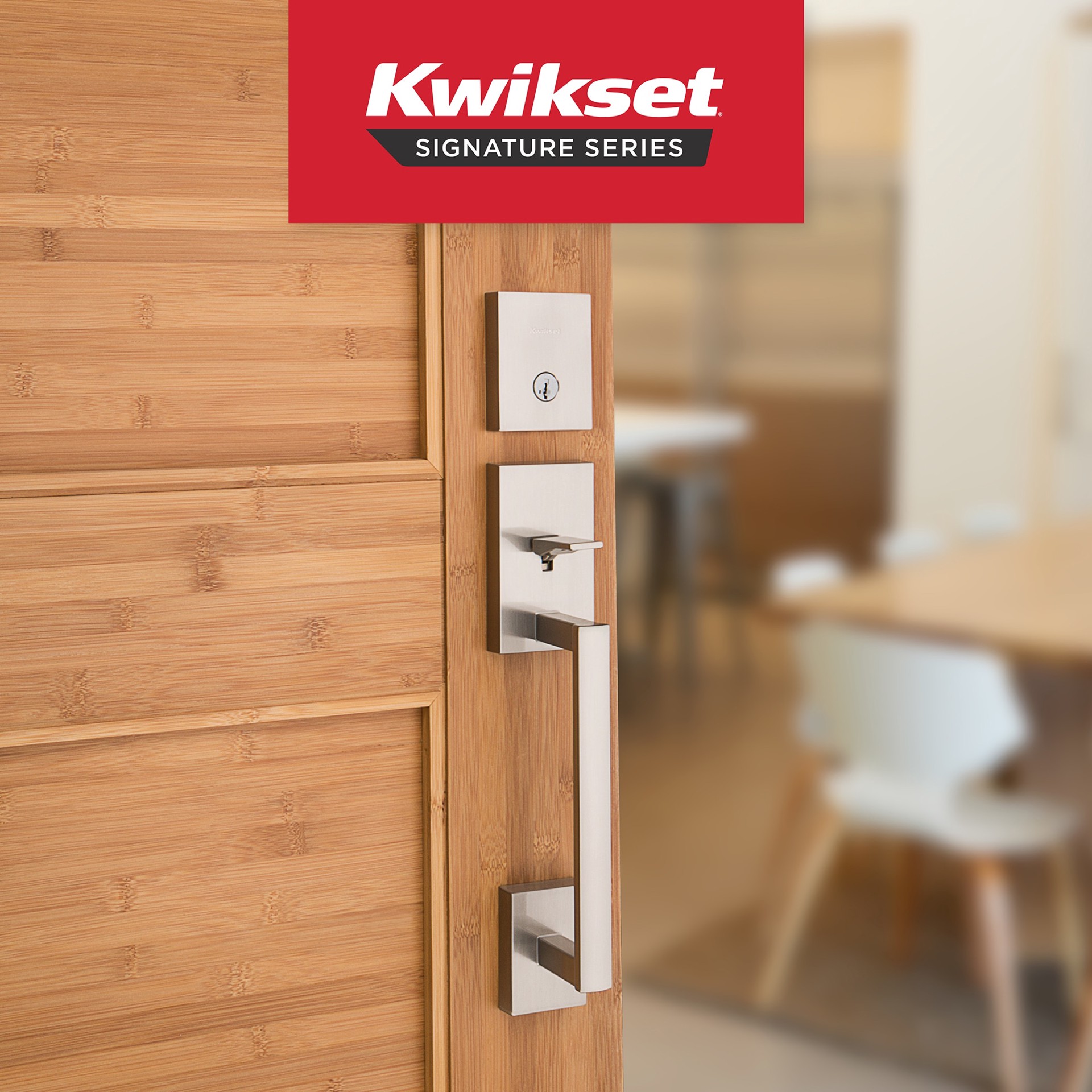 slide 4 of 6, Kwikset Signature Series San Clemente Satin Nickel Exterior Single-Cylinder Deadbolt and Keyed Entry Door Handleset ft. SmartKey Security, 1 ct