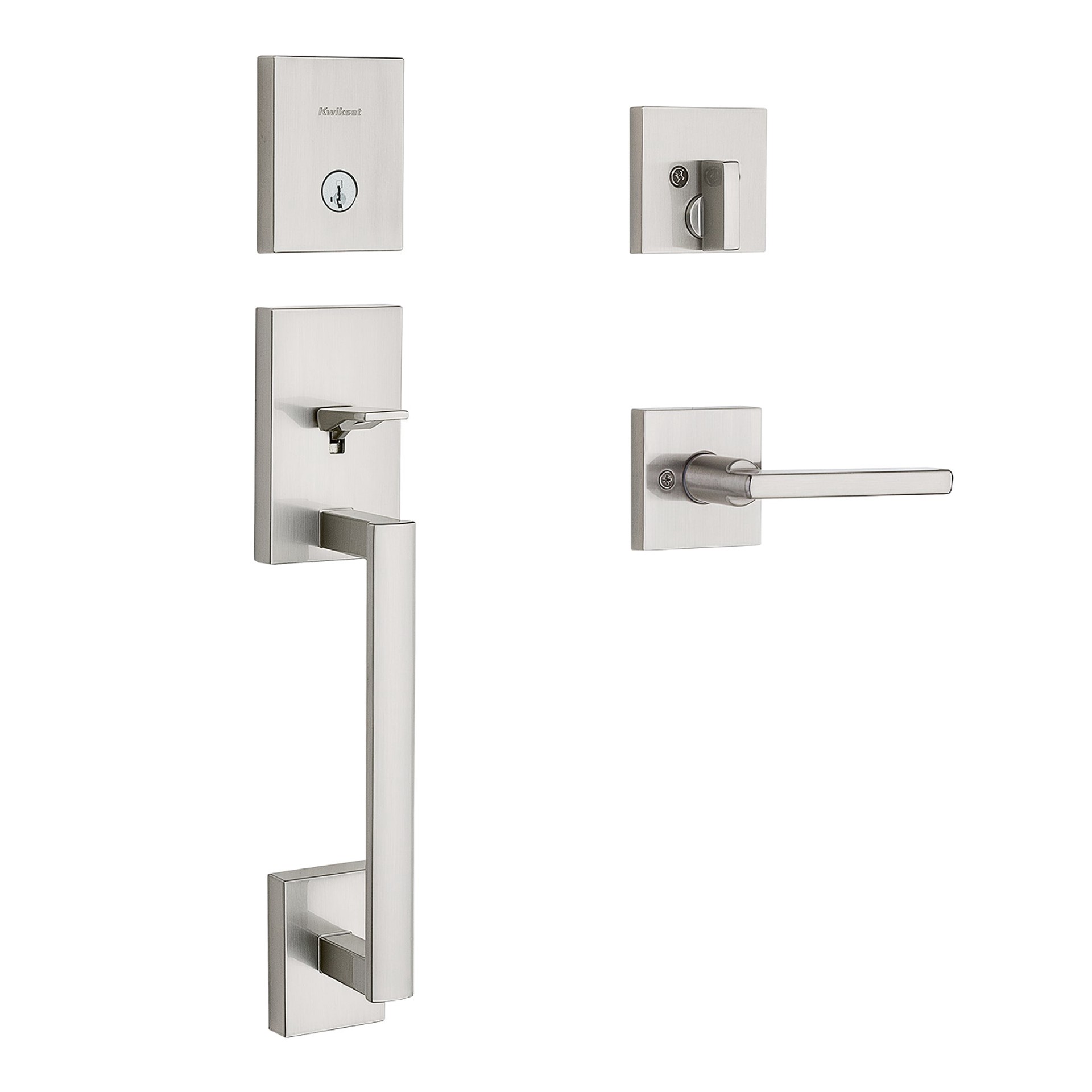 slide 1 of 6, Kwikset Signature Series San Clemente Satin Nickel Exterior Single-Cylinder Deadbolt and Keyed Entry Door Handleset ft. SmartKey Security, 1 ct