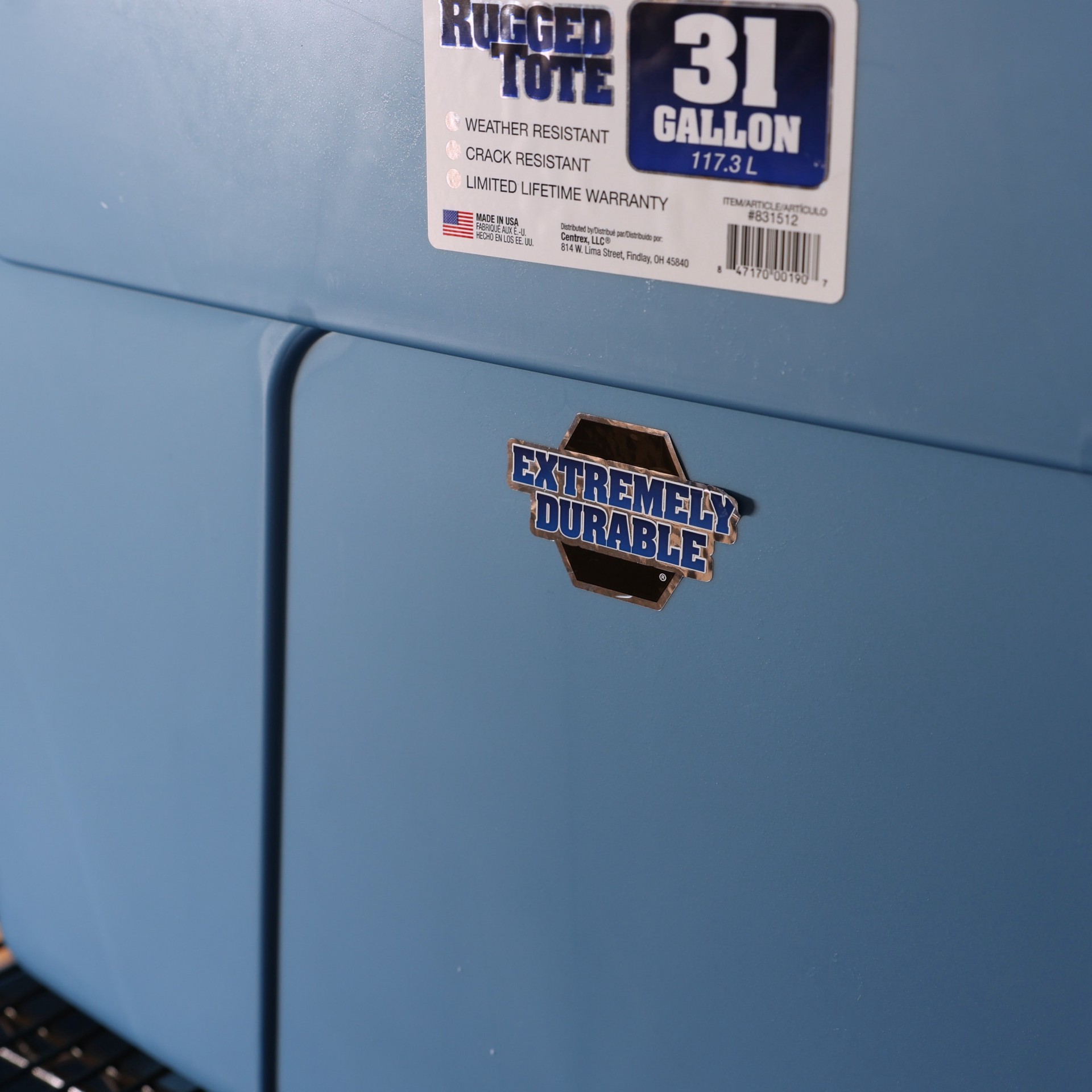 slide 6 of 6, Centrex Rugged Tote Large 31 -Gallons ( 124 -Quarts ) Metallic blue Heavy Duty Stackable Tote with Standard Snap Lid, 1 ct