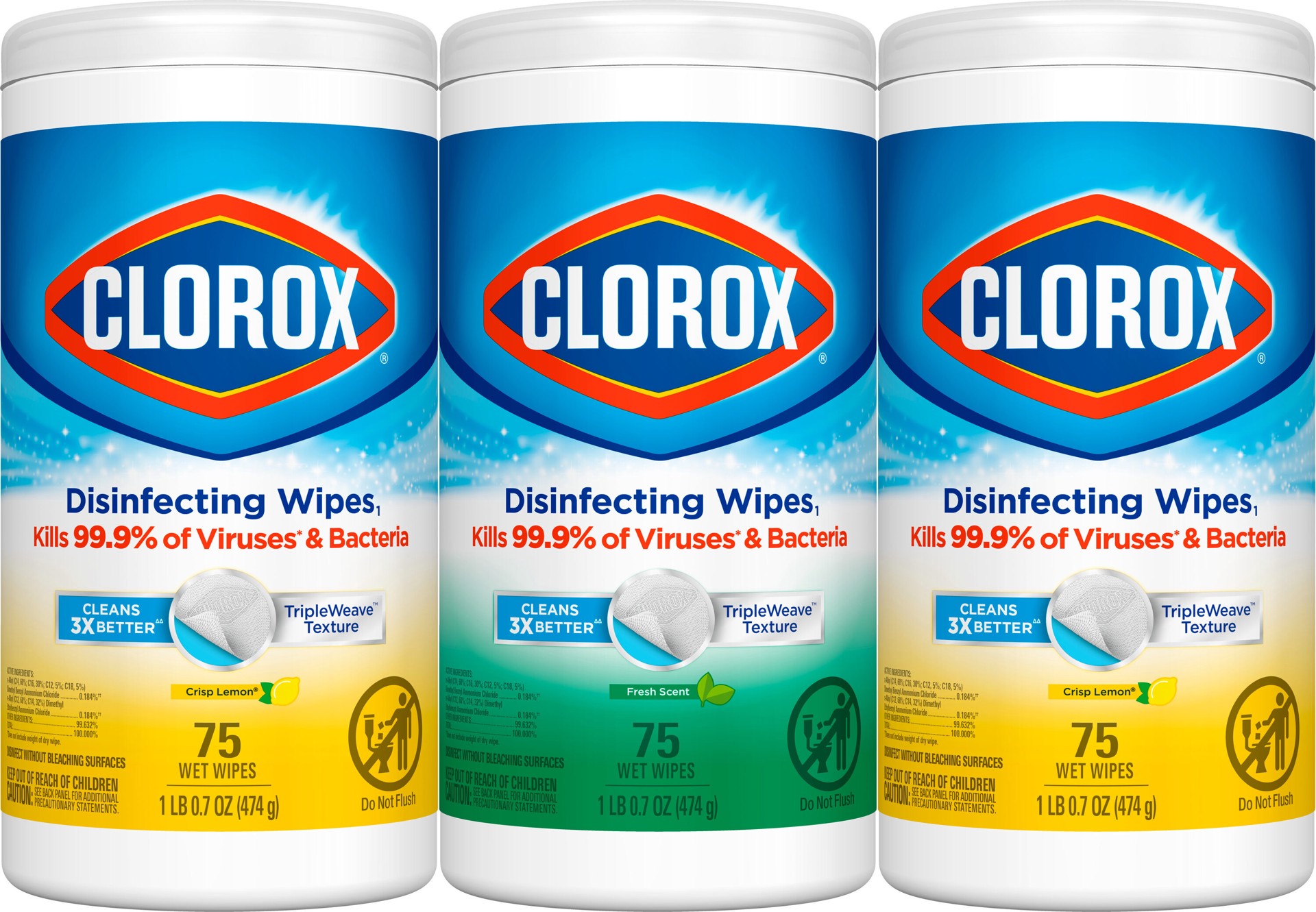 slide 3 of 6, Clorox 225 -Count Crisp Lemon and Fresh Scent Disinfectant Wipes All-Purpose Cleaner 3 -Pack, 1 ct