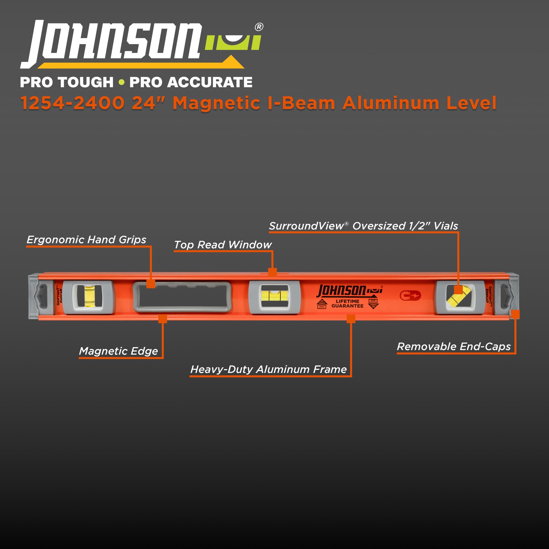 slide 4 of 6, Johnson Level Aluminum 24-in 3 Vial Magnetic I-beam level, 1 ct