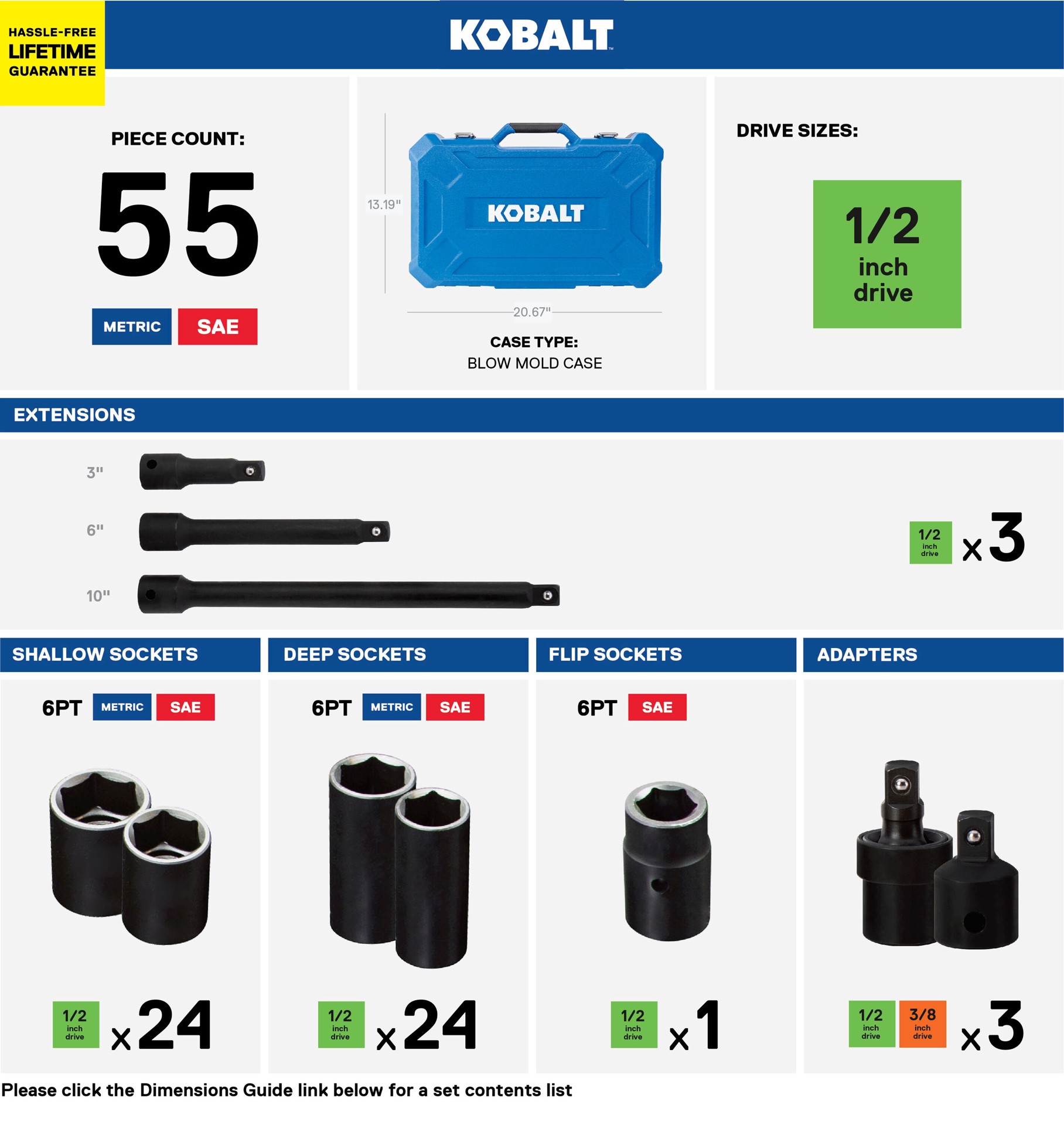 slide 2 of 6, Kobalt 55 -Piece Standard (SAE) and Metric 1/2-in Drive Set 6-point Impact Socket Set, 1 ct