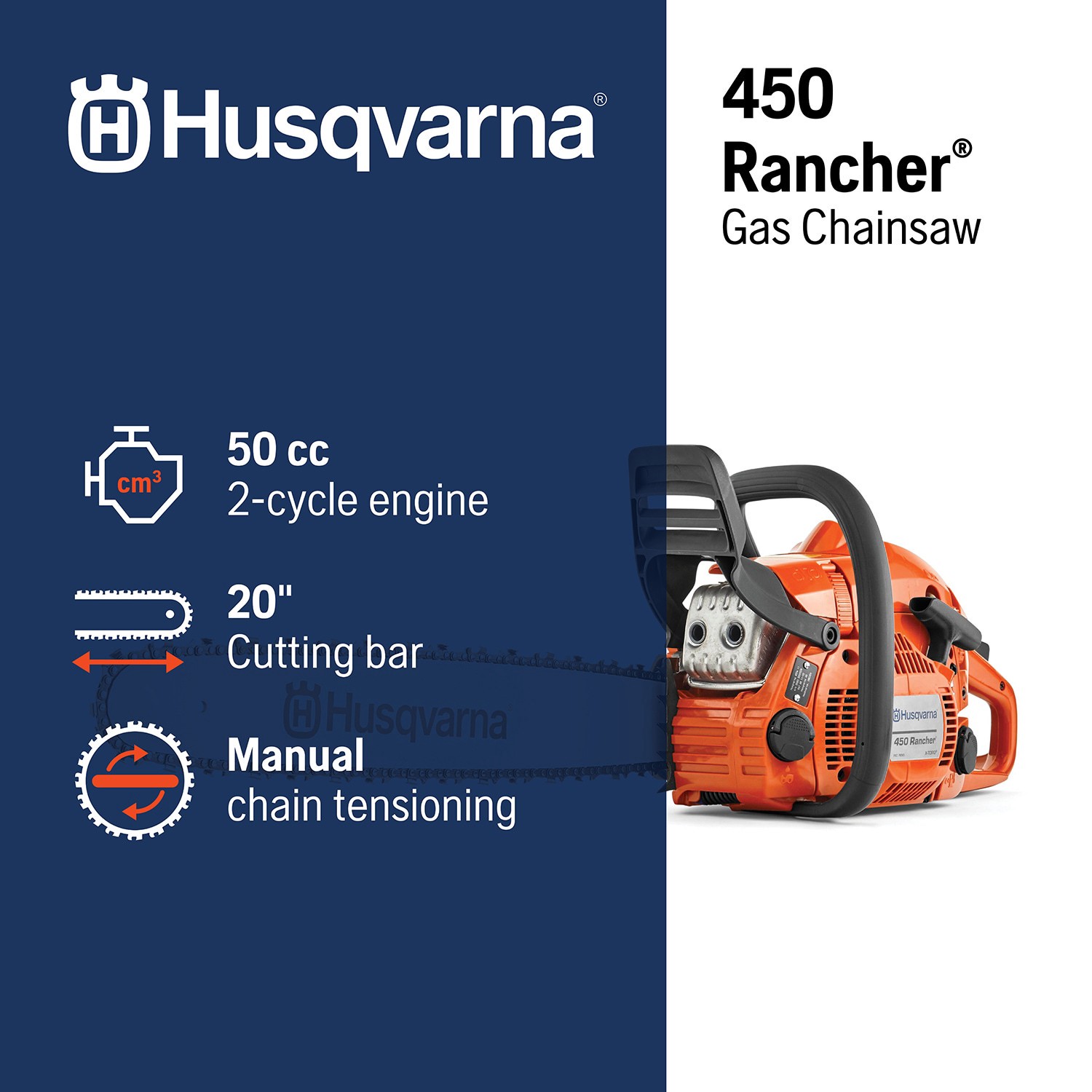slide 2 of 6, Husqvarna 450 Rancher 50.2-cc 2-cycle 20-in Gas Chainsaw, 1 ct