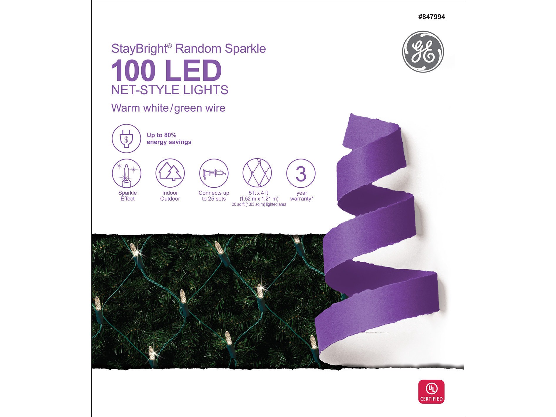 slide 6 of 6, GE 100-count Random Sparkle Warm White LED Net Christmas Lights, 1 ct