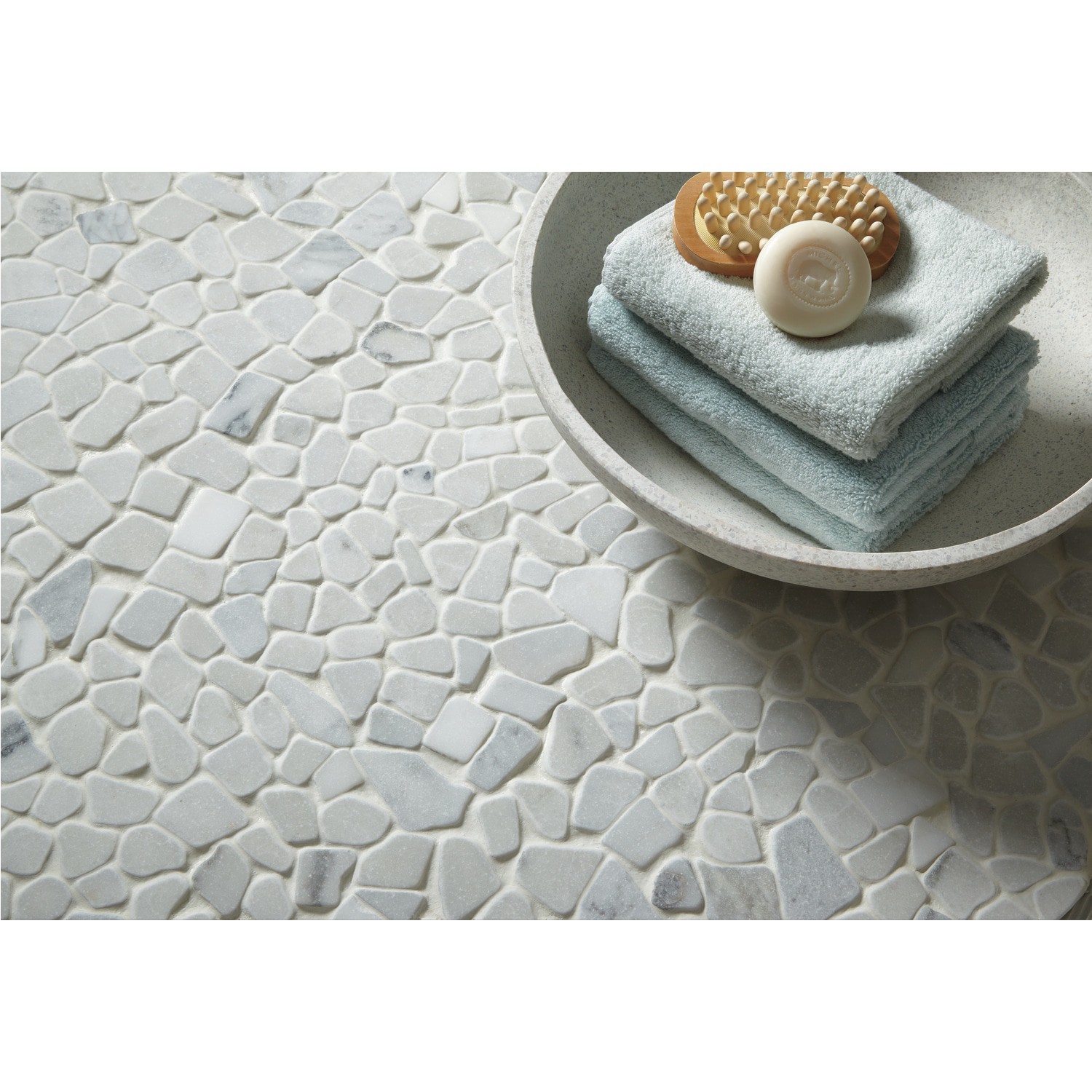 slide 2 of 4, American Olean Genuine Stone Refined White 12-in x 12-in Tumbled Natural Marble Pebble Mosaic Floor and Wall Tile ( 1.0-sq ft Piece ), 1 ct