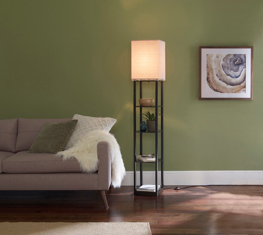 slide 2 of 6, allen + roth 63-in Bronze Shelf Floor Lamp with Fabric Shade, 1 ct