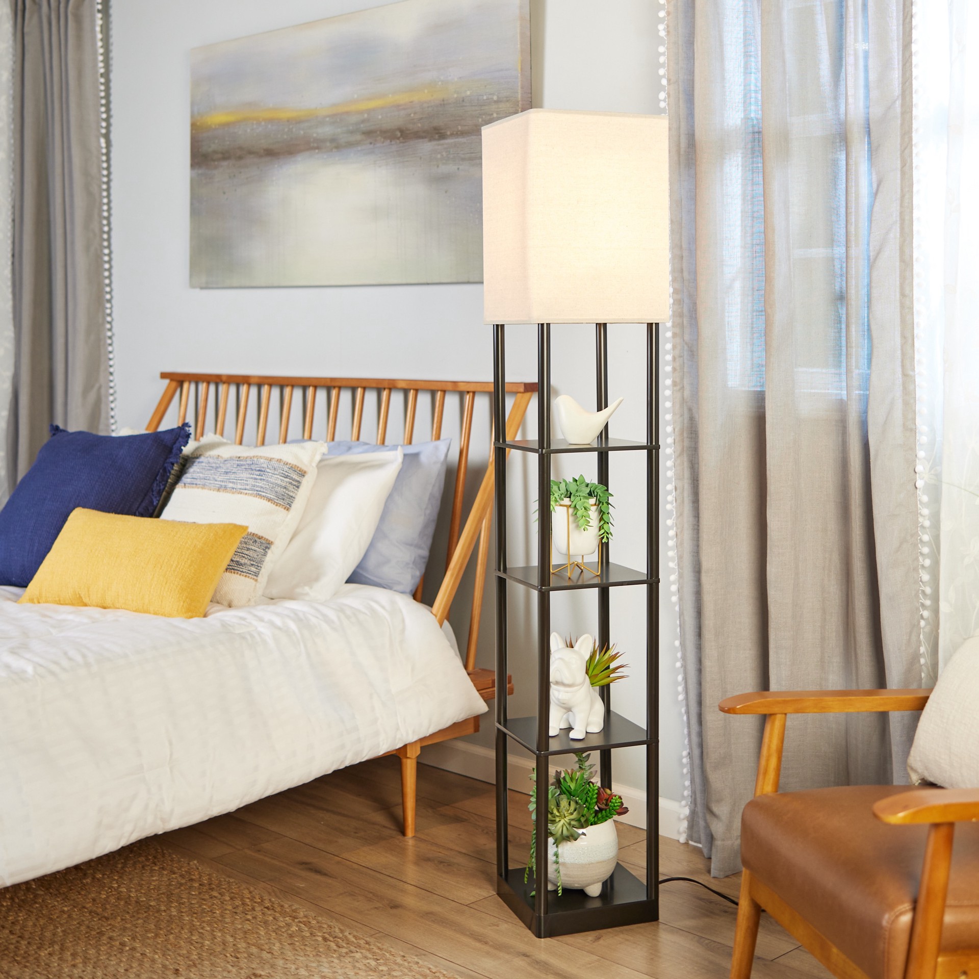 slide 6 of 6, allen + roth 63-in Bronze Shelf Floor Lamp with Fabric Shade, 1 ct