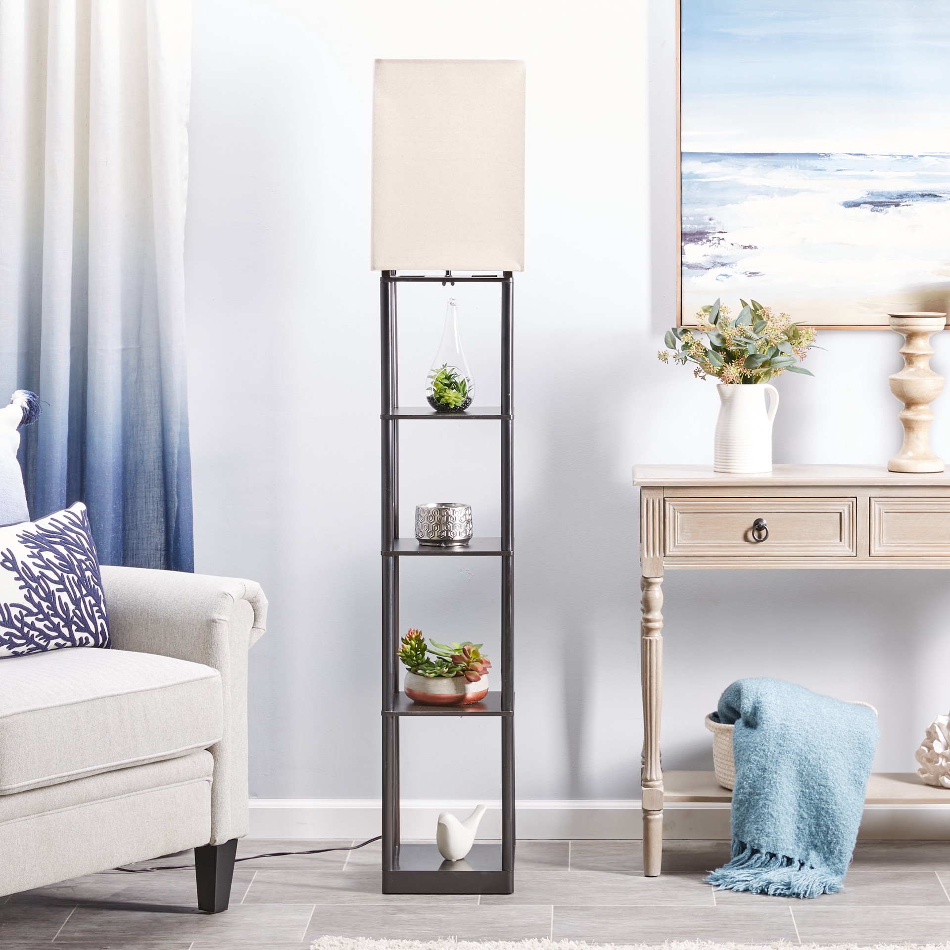 slide 1 of 6, allen + roth 63-in Bronze Shelf Floor Lamp with Fabric Shade, 1 ct