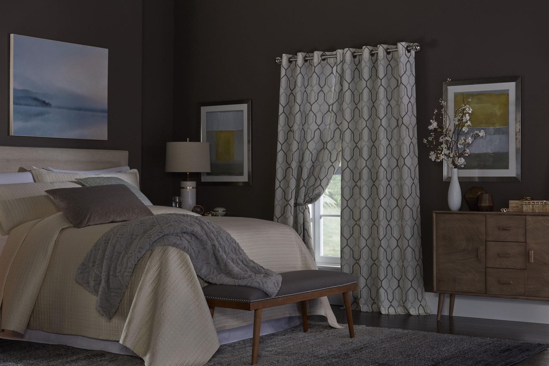 slide 4 of 6, allen + roth 84-in Mushroom Geometric Blackout Thermal lined Grommet Single curtain panel, 1 ct