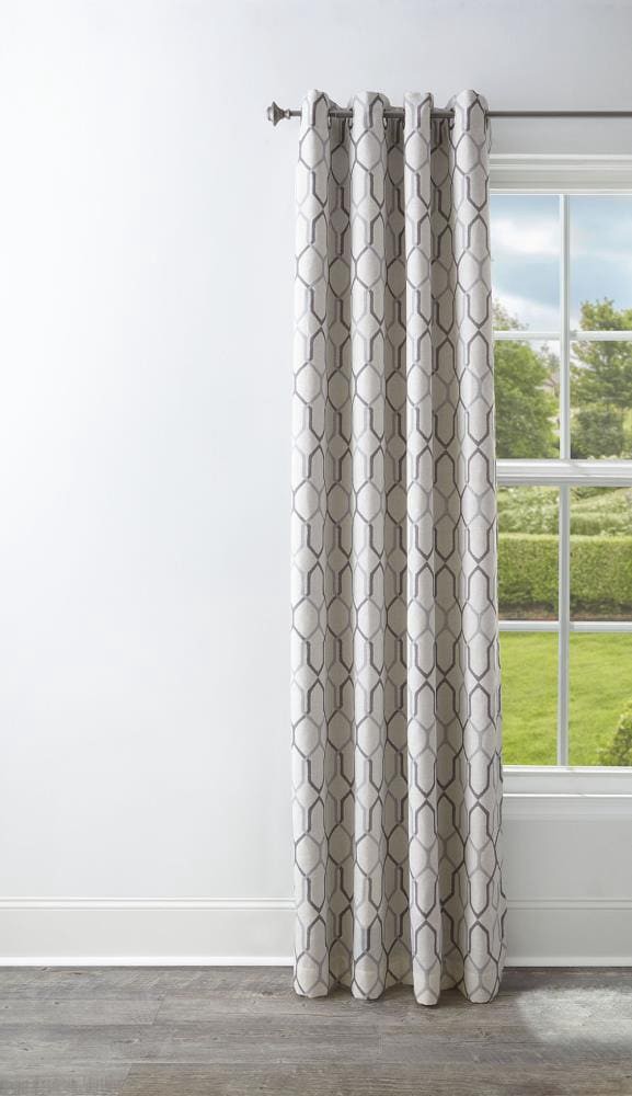 slide 1 of 6, allen + roth 84-in Mushroom Geometric Blackout Thermal lined Grommet Single curtain panel, 1 ct