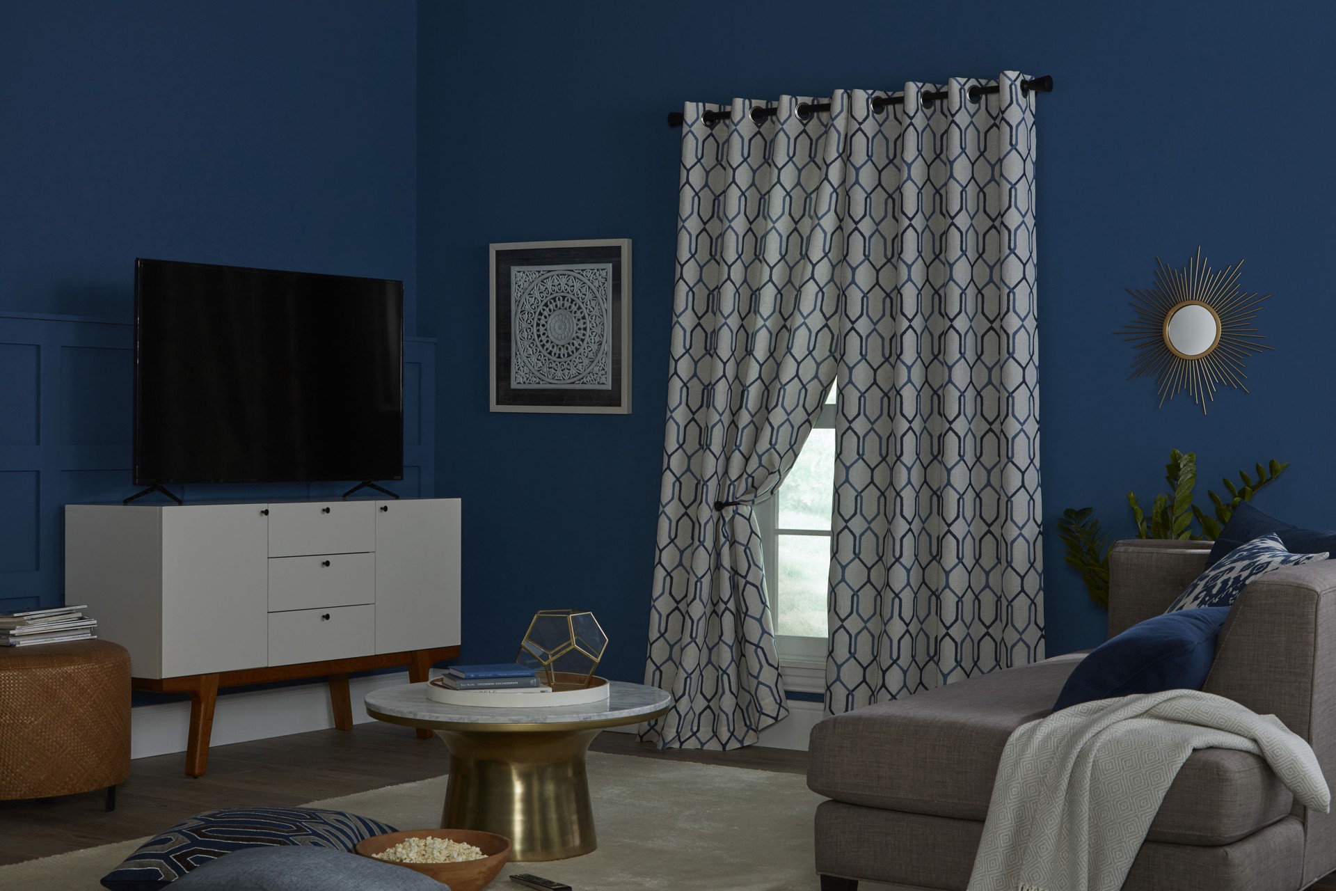 slide 4 of 6, allen + roth 84-in Admiral Geometric Blackout Thermal lined Grommet Single curtain panel, 1 ct