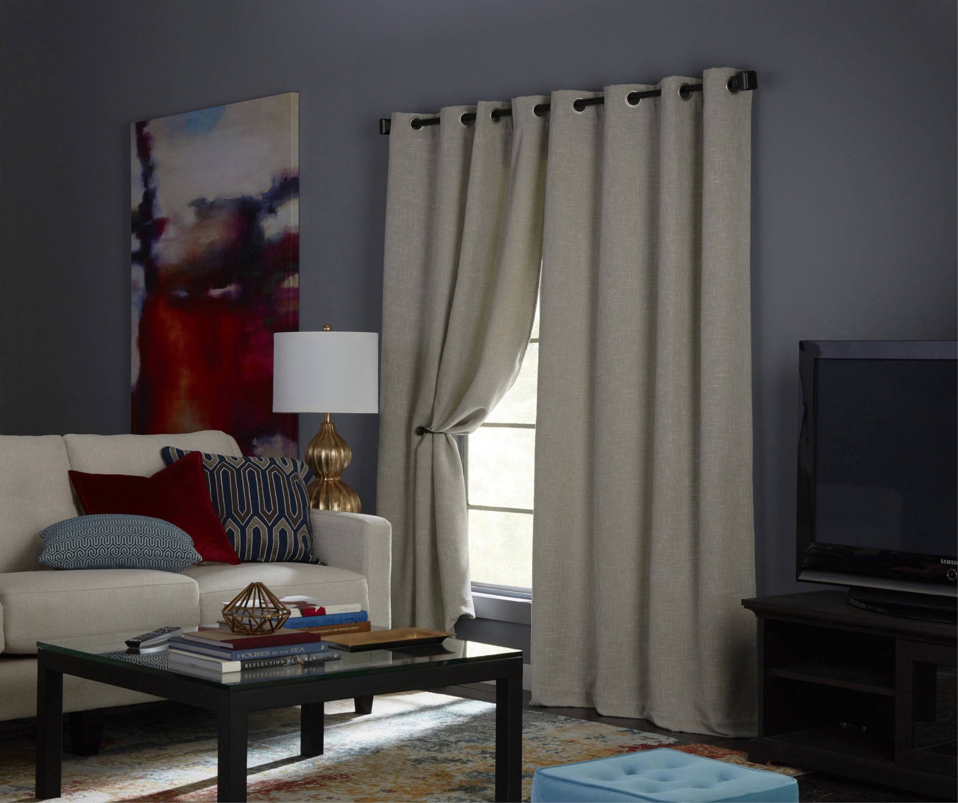 slide 4 of 6, allen + roth 84-in Stone Blackout Thermal lined Grommet Single curtain panel, 1 ct