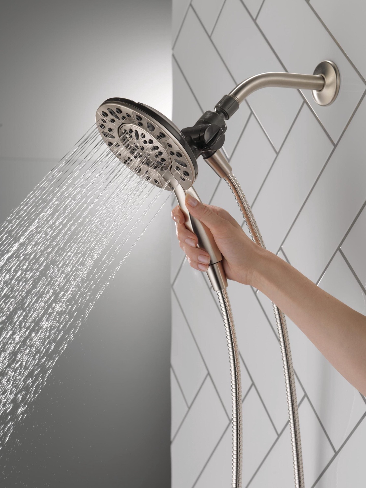 slide 2 of 6, Delta In2ition 4.0 -Spray Spotshield Brushed Nickel 6.0-in Round Shower Head with Handheld Combo 2.5 GPM, 1 ct