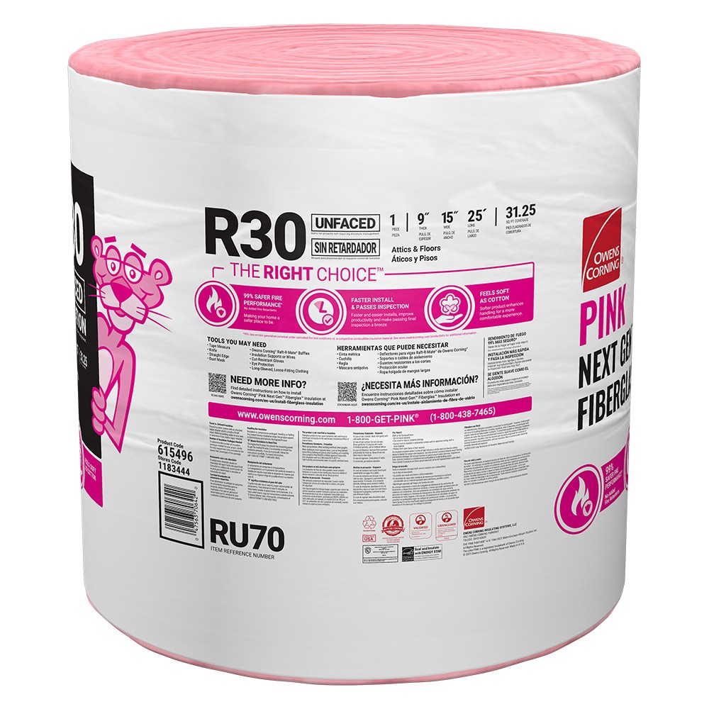 slide 4 of 6, Owens Corning R- 30 Attic Unfaced Fiberglass Roll Insulation 31.25-sq ft ( 15-in W x 25-ft L ) Individual pack, 1 ct
