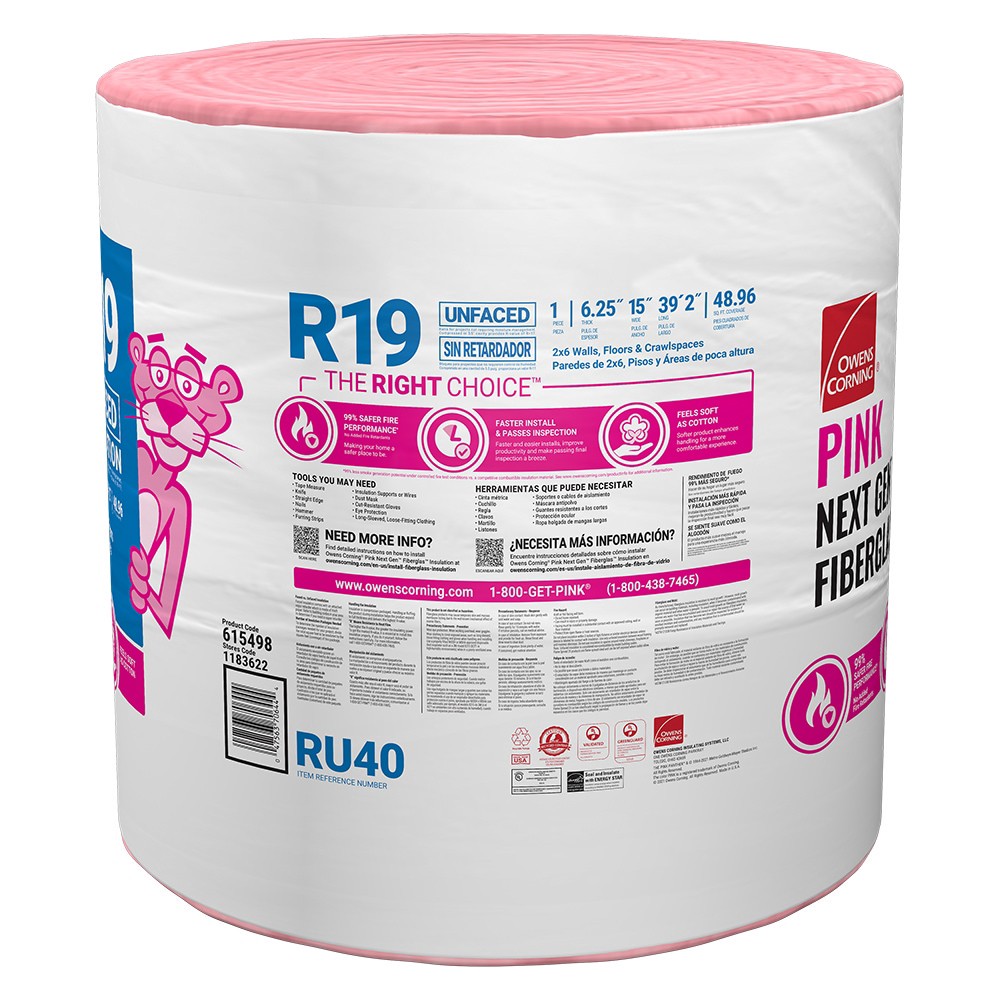 slide 2 of 6, Owens Corning R- 19 Unfaced Fiberglass Roll Insulation 48.96-sq ft ( 15-in W x 39.2-ft L ) Individual pack, 1 ct