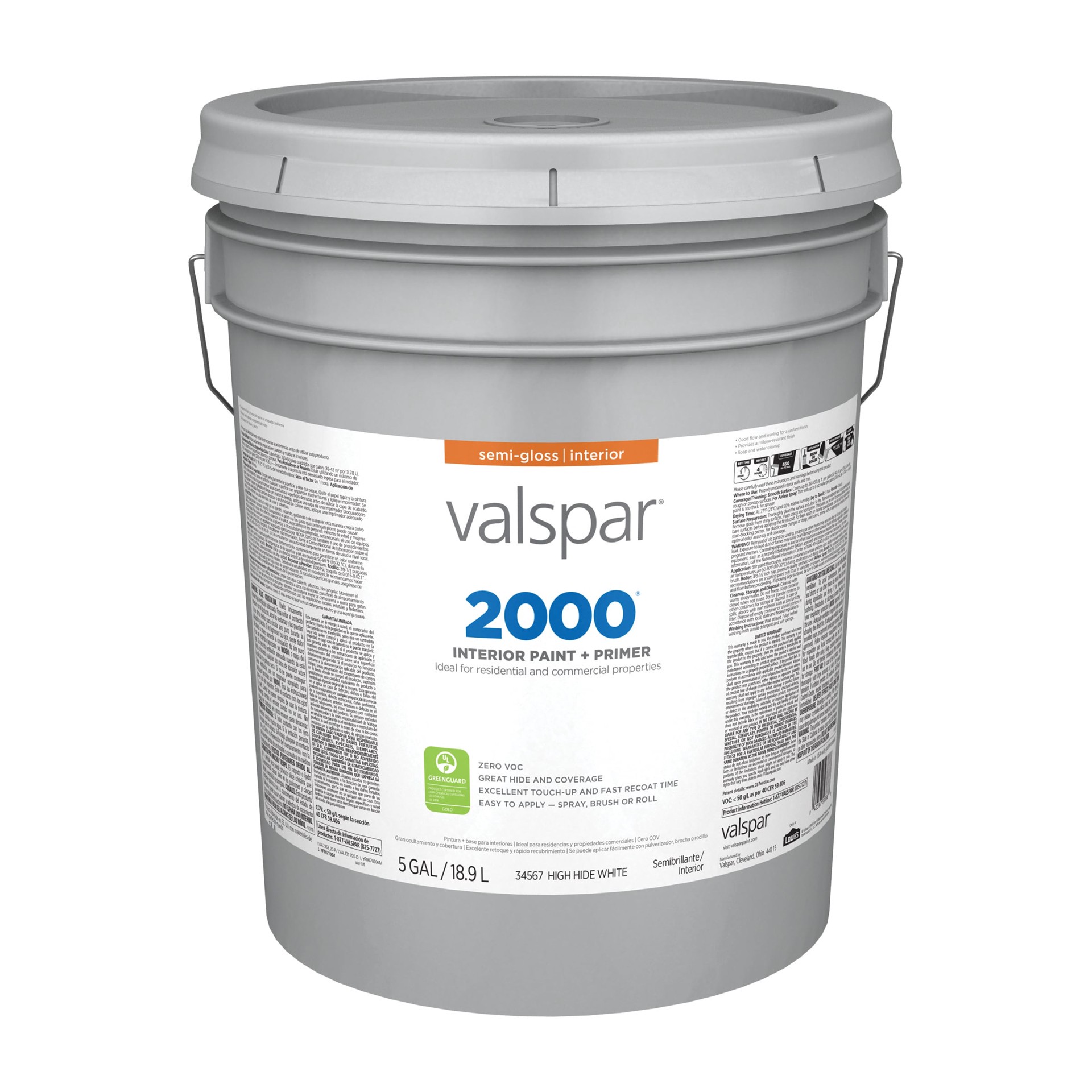 slide 1 of 6, Valspar 2000 Semi-gloss High Hide White Interior Paint Paint + Primer ( 5-gallon ), 1 ct