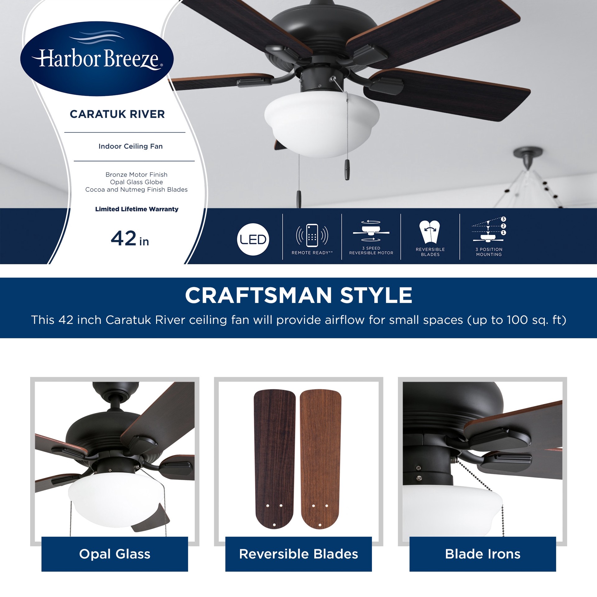 slide 5 of 6, Harbor Breeze Caratuk River 42-in Bronze with Coca/Nutmeg Blades Ceiling Fan With Light 5 -Blade, 1 ct