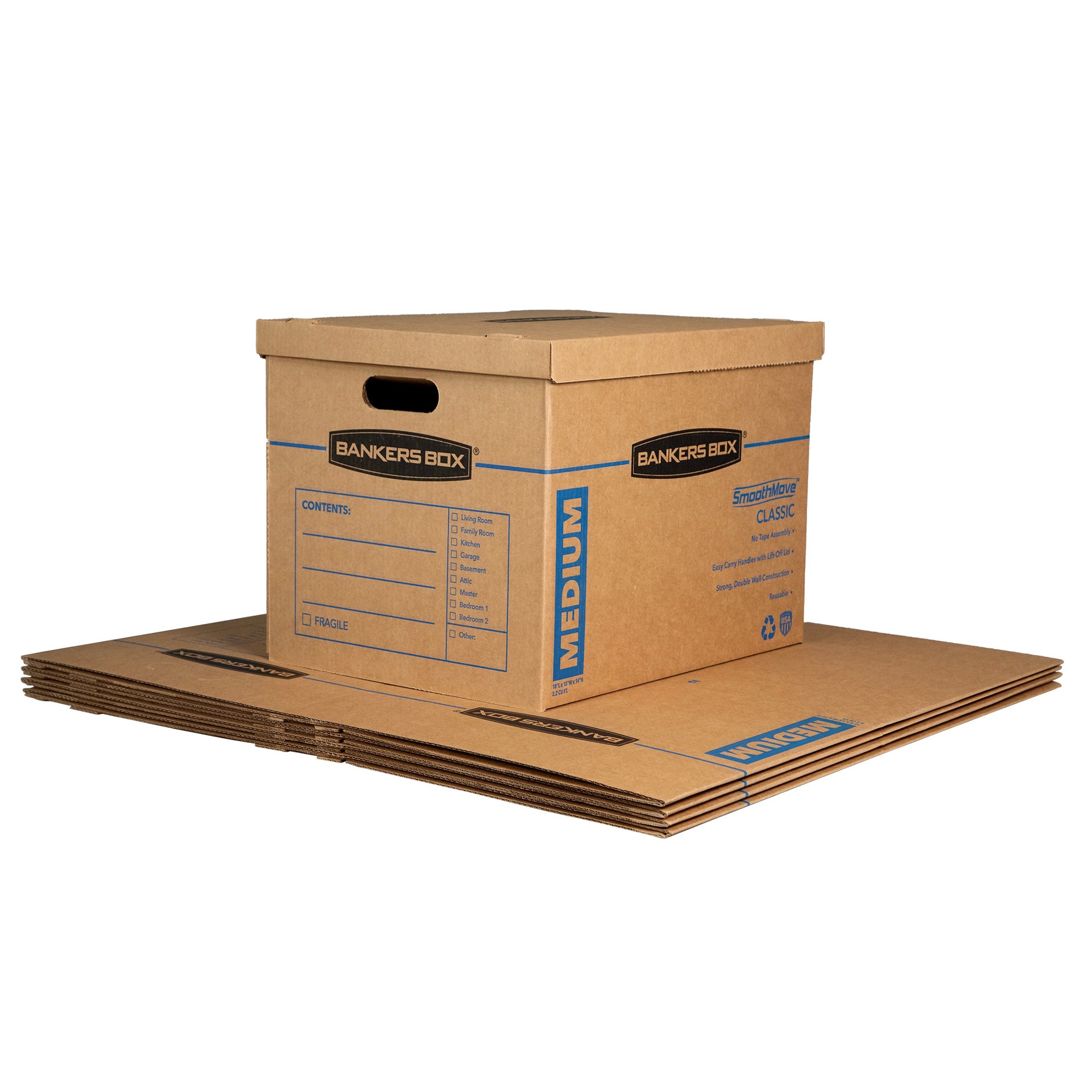 slide 1 of 6, BANKERS BOX 15.5-in W x 14.5-in H x 19-in D SmoothMove Classic 5 -Pack Medium Heavy Duty Recycled cardboard Moving Box with Handle Holes, 1 ct