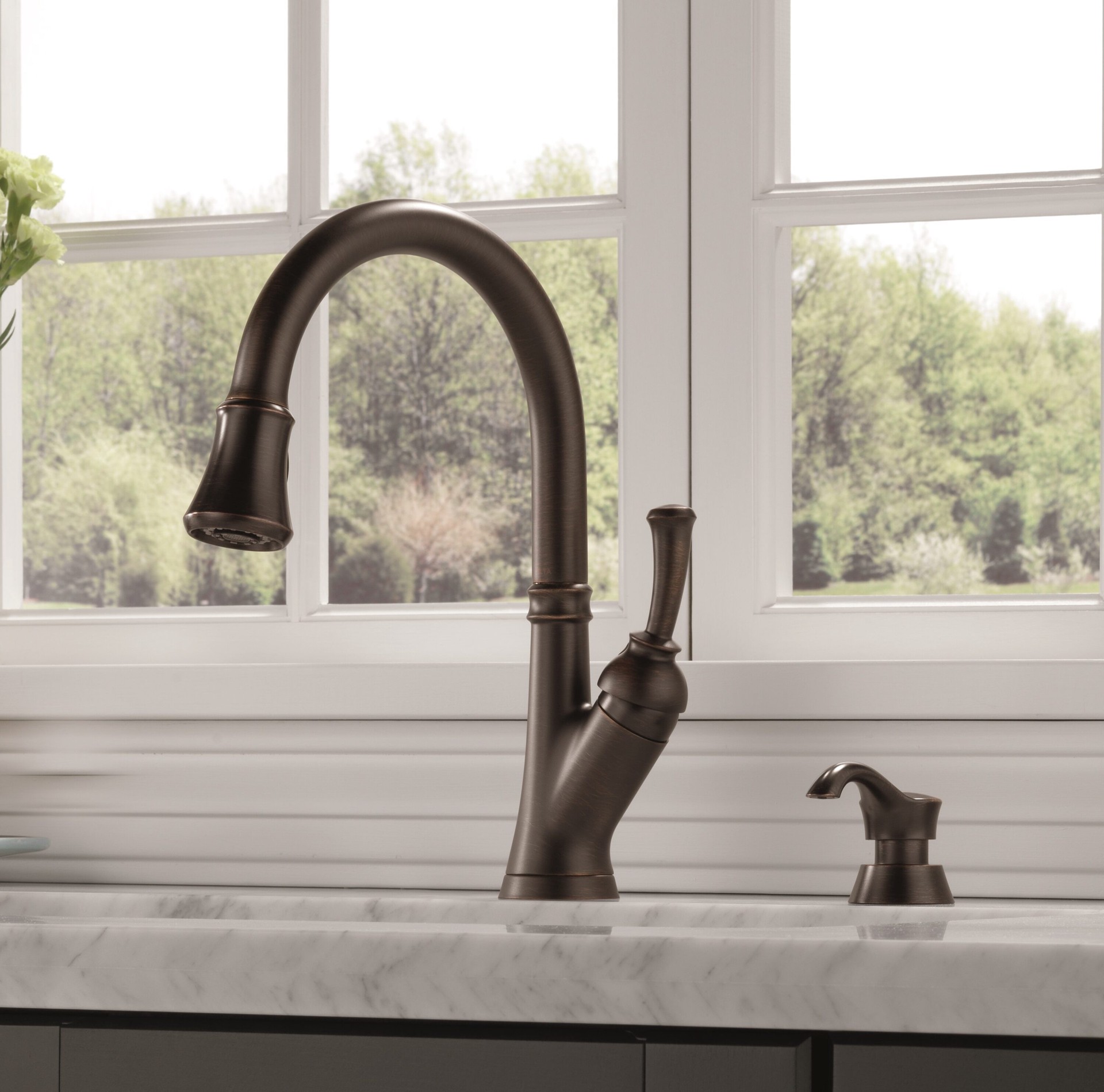 slide 1 of 6, Delta Savile Venetian Bronze Single Handle Deck-mount Pull-down Kitchen Faucet with Sprayer (Includes Deck Plate) (Includes Soap Dispenser), 1 ct
