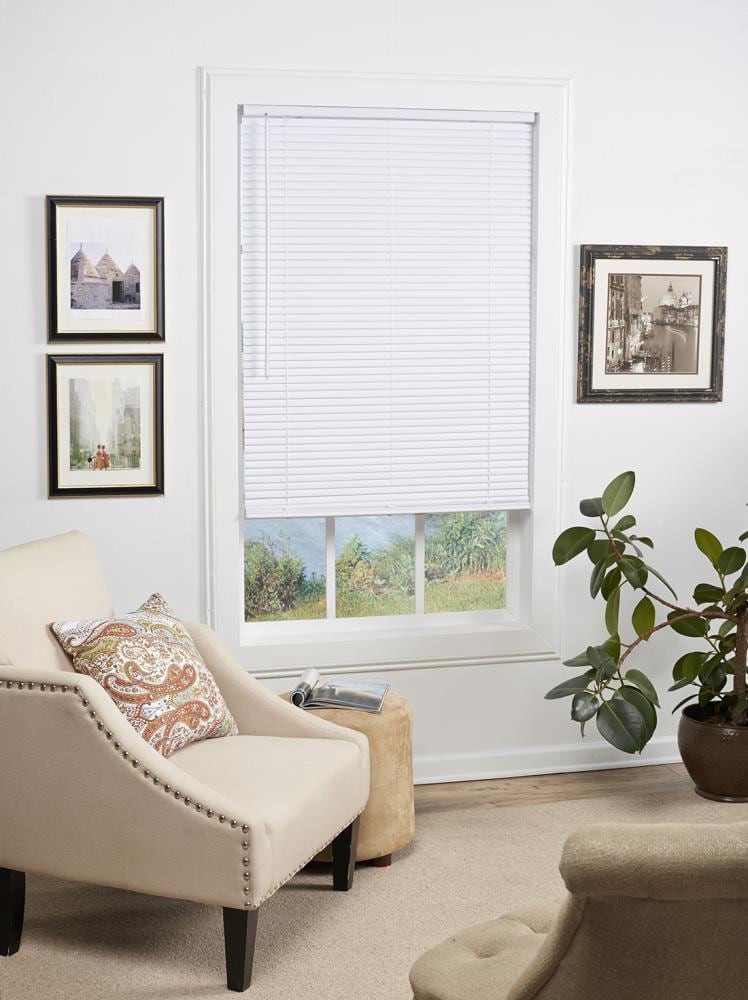 slide 2 of 6, Project Source 1-in Slat Width 32-in x 64-in Cordless White Vinyl Room Darkening Mini-blinds, 1 ct