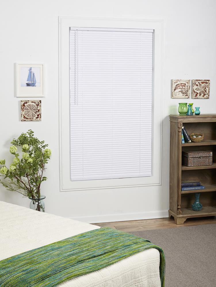 slide 3 of 6, Project Source 1-in Slat Width 32-in x 64-in Cordless White Vinyl Room Darkening Mini-blinds, 1 ct
