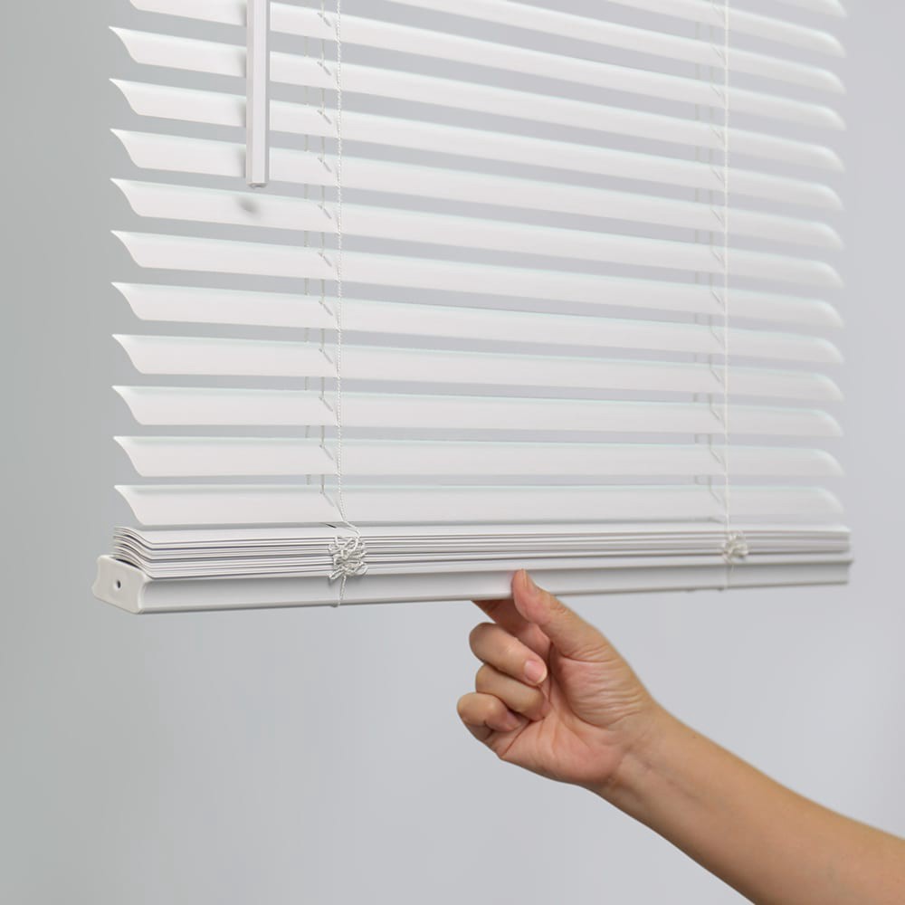 slide 6 of 6, Project Source 1-in Slat Width 43-in x 64-in Cordless White Vinyl Room Darkening Mini-blinds, 1 ct