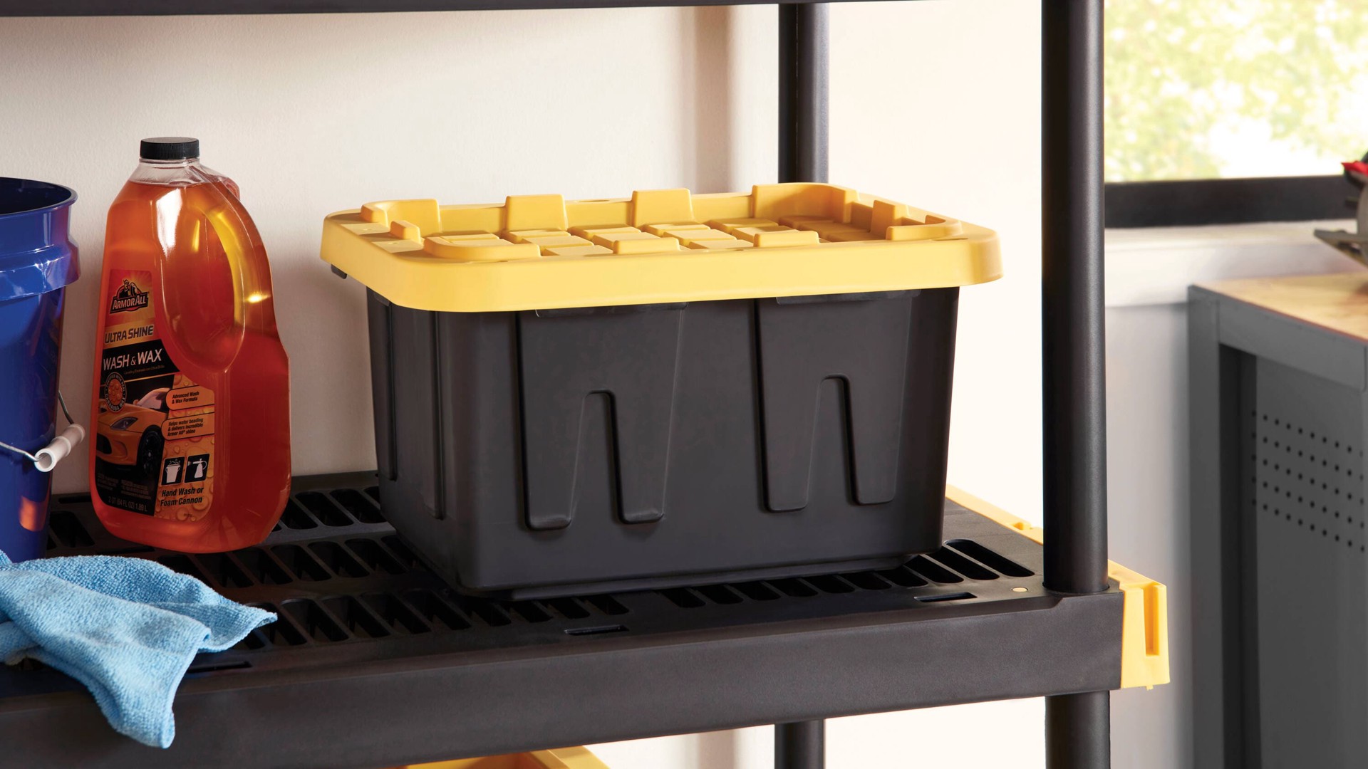 slide 4 of 6, Project Source Commander Small 5.0 -Gallons ( 20.0 -Quarts ) Black and yellow Heavy Duty Stackable Tote with Standard Snap Lid, 1 ct