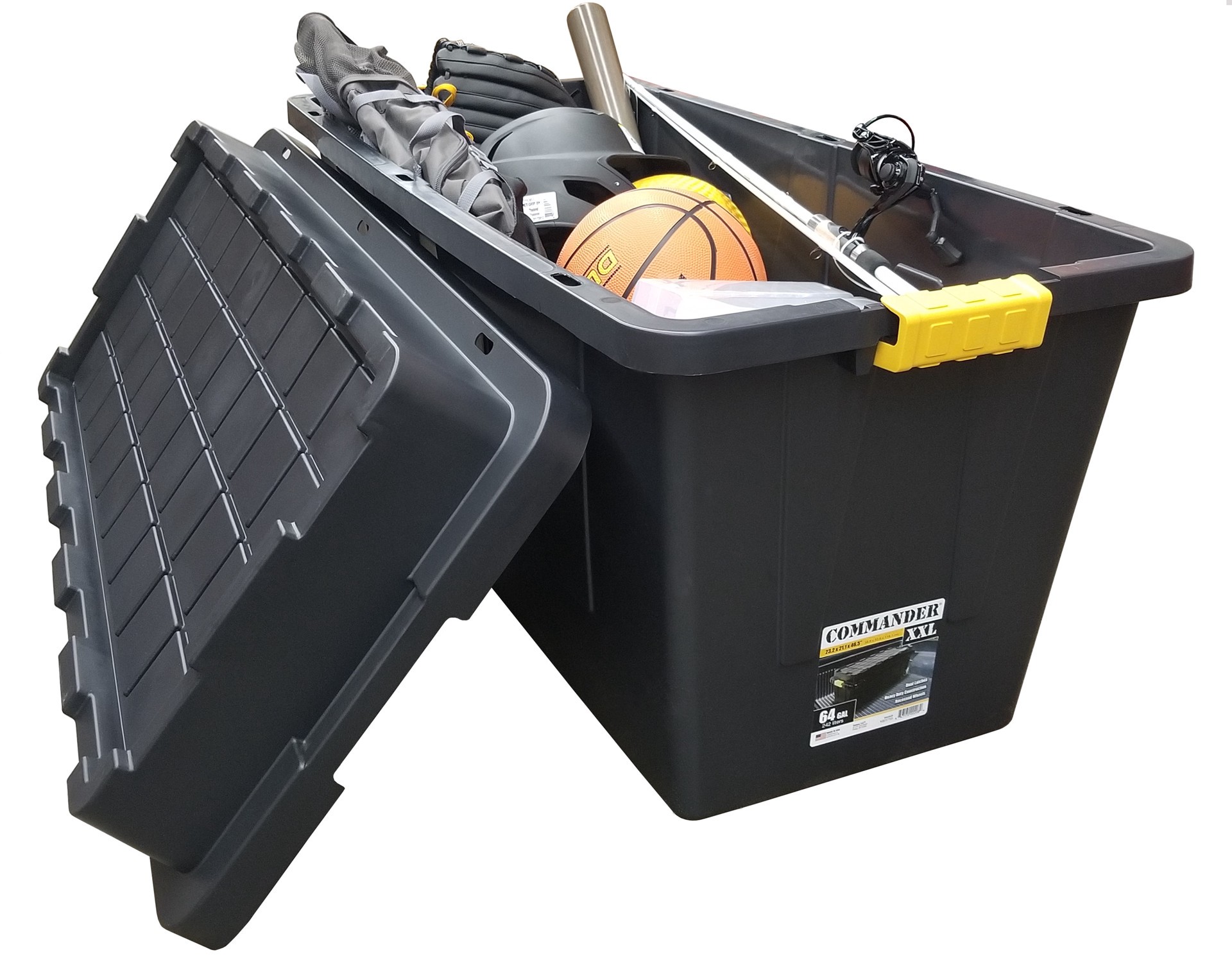 slide 6 of 6, Project Source Commander X-large 64 -Gallons ( 256 -Quarts ) Black Heavy Duty Rolling Stackable Tote with Latching Lid, 1 ct