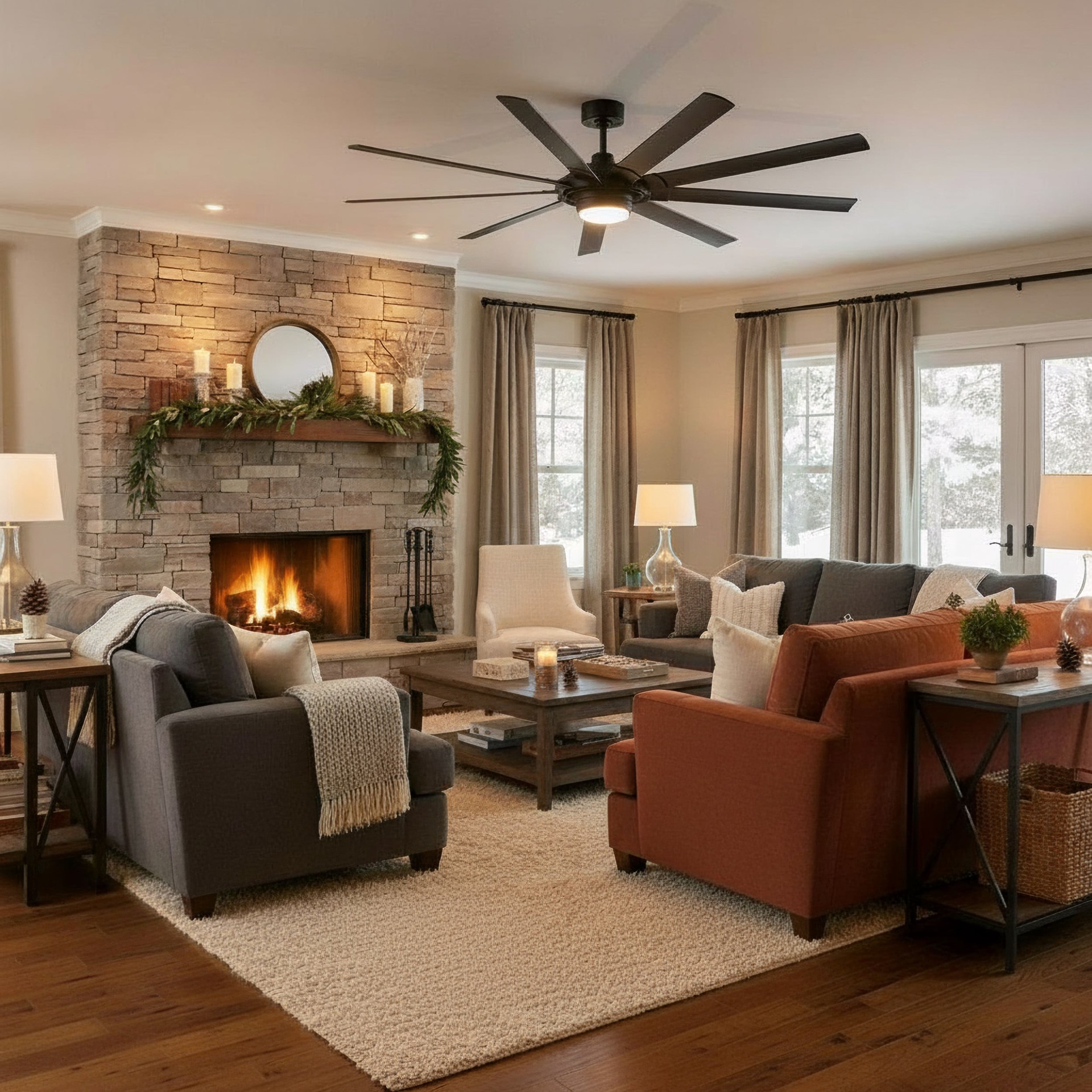 slide 4 of 6, Fanimation Studio Collection Slinger v2 72-in Matte Black with Black Blades Color-Changing Integrated LED Covered Outdoor Ceiling Fan With Light 9 -Blade, 1 ct