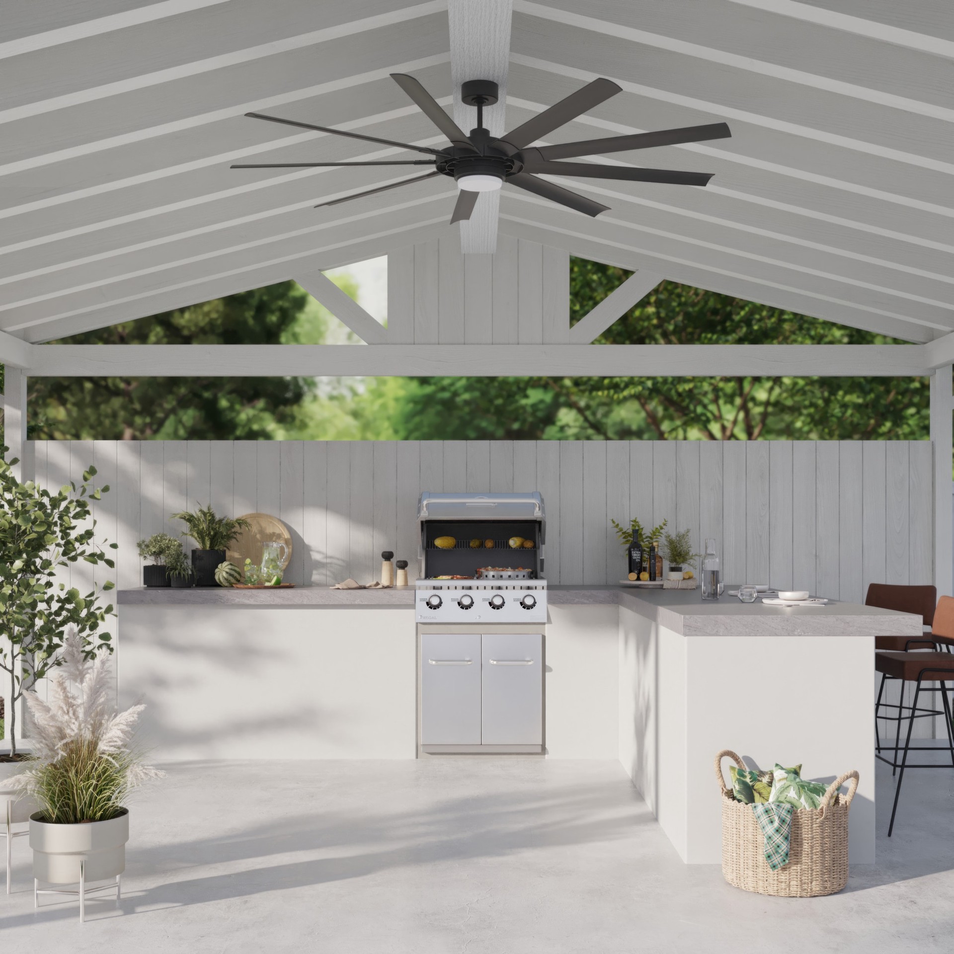 slide 5 of 6, Fanimation Studio Collection Slinger v2 72-in Matte Black with Black Blades Color-Changing Integrated LED Covered Outdoor Ceiling Fan With Light 9 -Blade, 1 ct