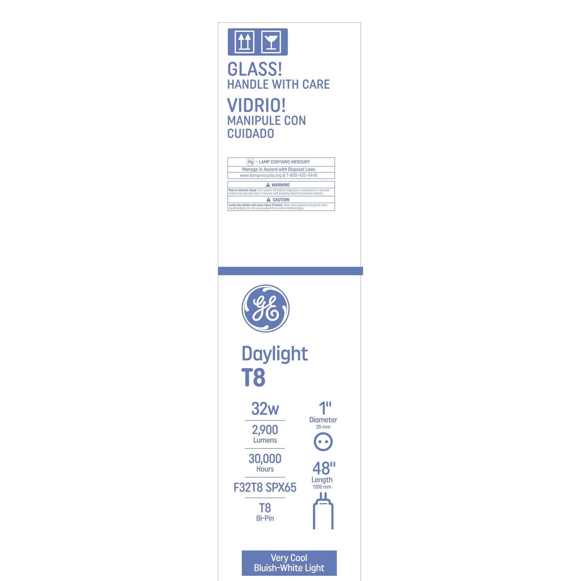 slide 3 of 6, GE 32-Watt EQ T8 Daylight Medium Bi-pin (t8) Fluorescent Light Bulb (12-Pack), 1 ct