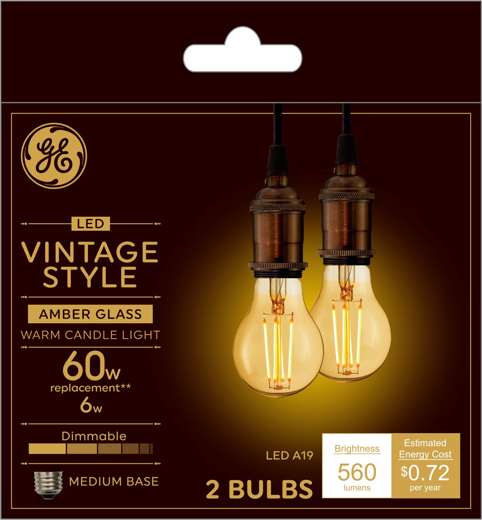 slide 1 of 6, GE Vintage 60 -Watt EQ A19 Warm candlelight Medium base (E-26) Dimmable LED Decorative Light Bulb 2 -Pack, 1 ct