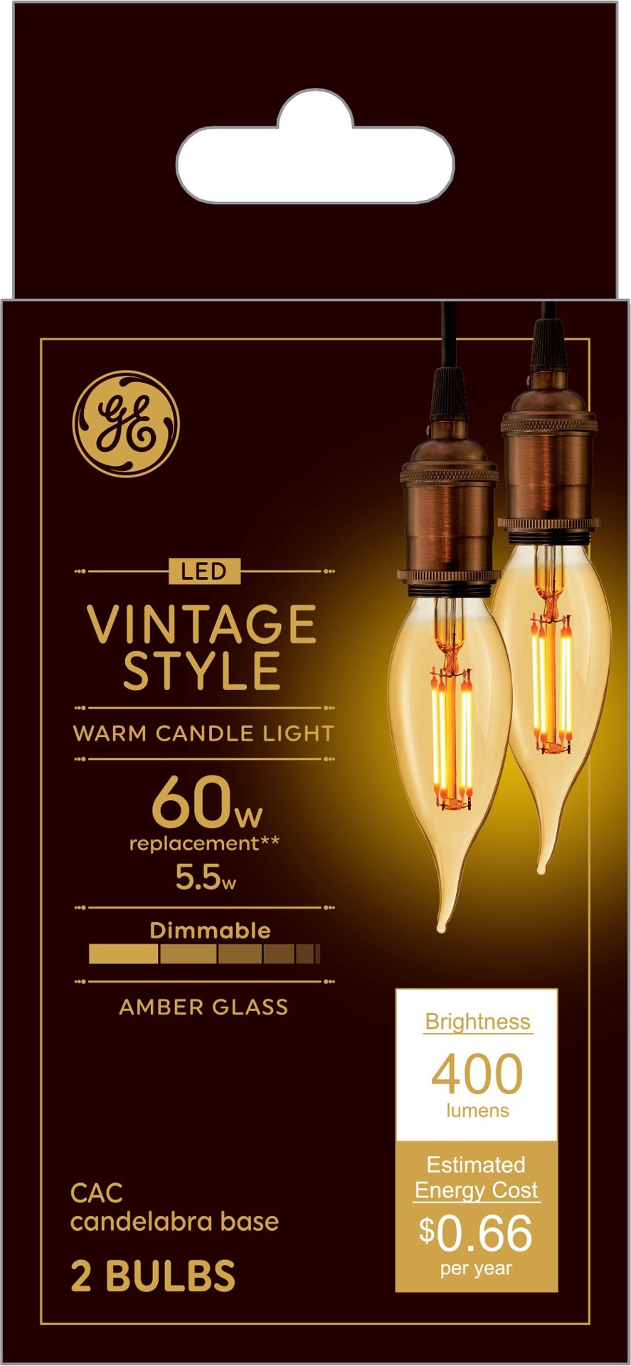 slide 1 of 6, GE 60 -Watt EQ CAC Warm candlelight Candelabra base (E-12) Dimmable LED Decorative Light Bulb 2 -Pack, 1 ct
