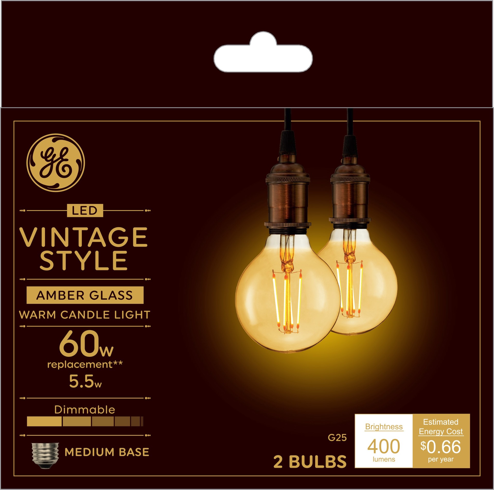 slide 1 of 6, GE Vintage 60 -Watt EQ G25 Warm candlelight Medium base (E-26) Dimmable LED Decorative Light Bulb 2 -Pack, 1 ct