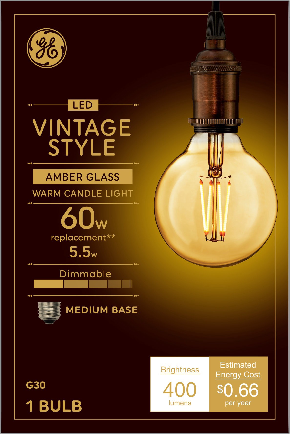 slide 1 of 6, GE 60 -Watt EQ G30 Warm candlelight Medium base (E-26) Dimmable LED Decorative Light Bulb, 1 ct