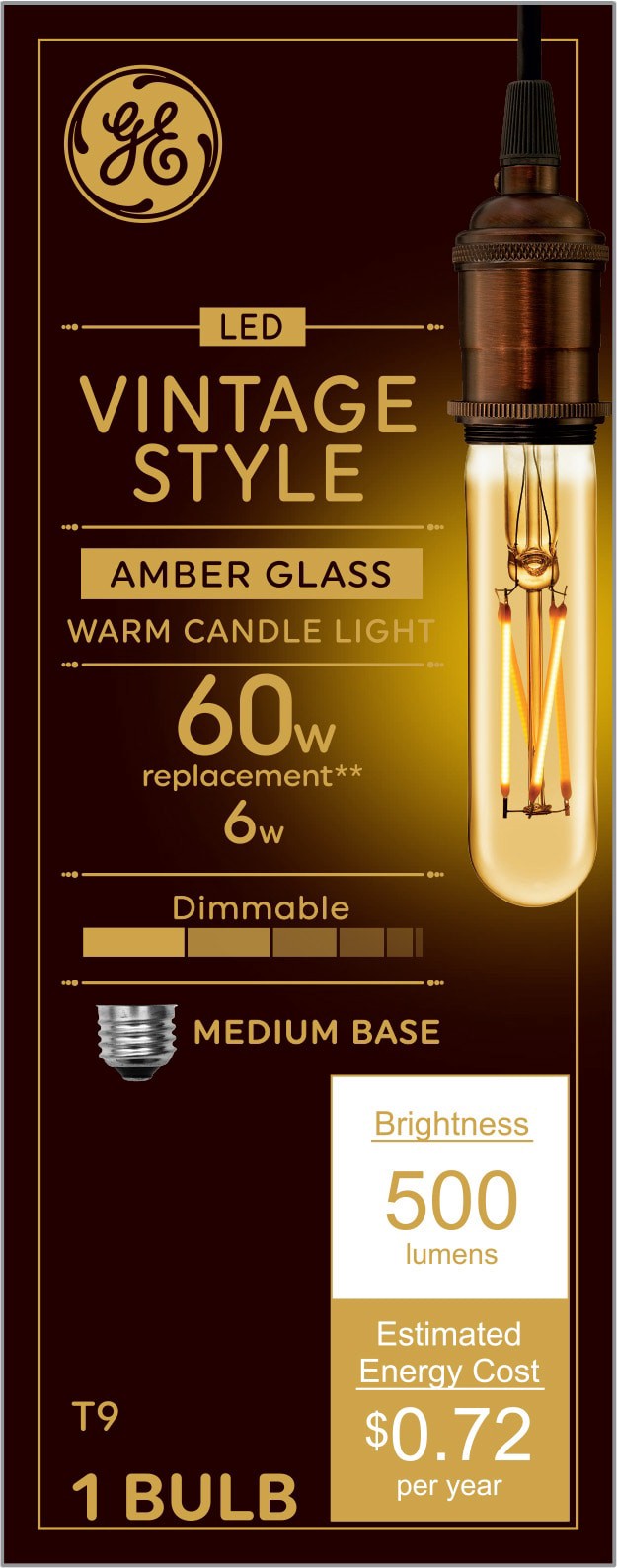 slide 1 of 6, GE Vintage 60 -Watt EQ T9 Warm candlelight Medium base (E-26) Dimmable LED Decorative Light Bulb, 1 ct