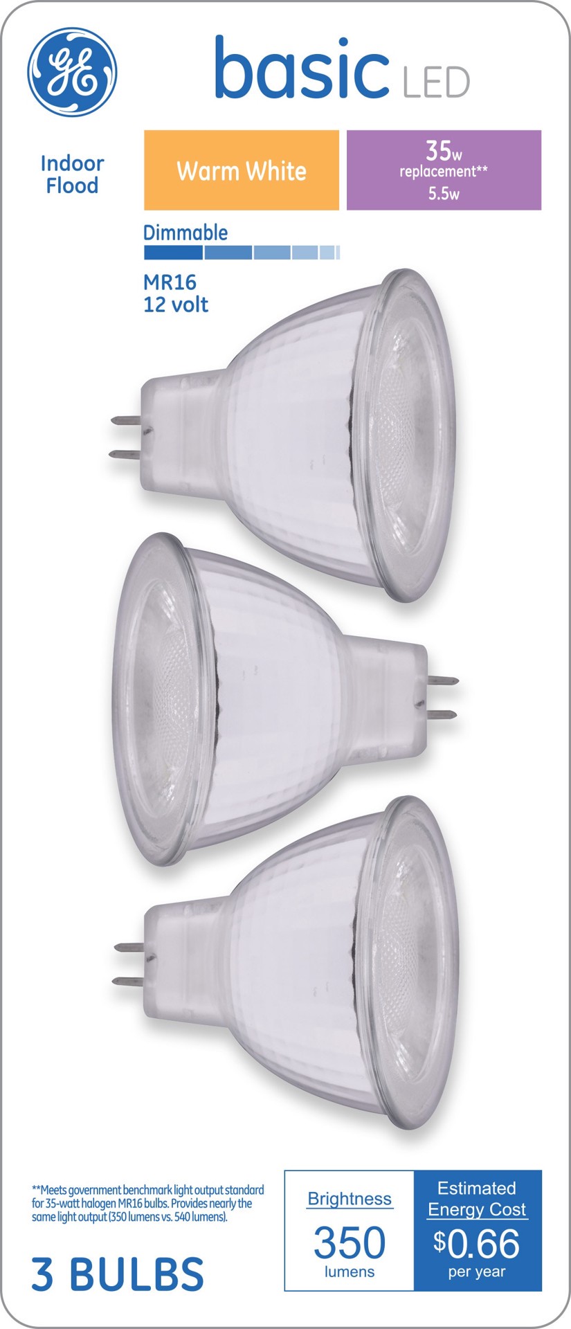slide 1 of 6, GE 35 -Watt EQ MR16 Warm white G5.3 base Dimmable LED Spot Flood Light Bulb 3 -Pack, 1 ct