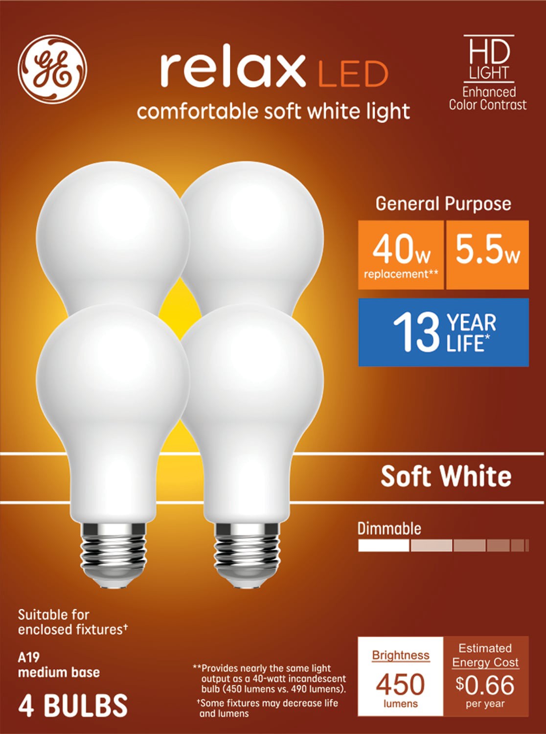 slide 1 of 6, GE Relax HD 40 -Watt EQ A19 Soft white Medium base (E-26) Dimmable LED General purpose Light Bulb 4 -Pack, 1 ct