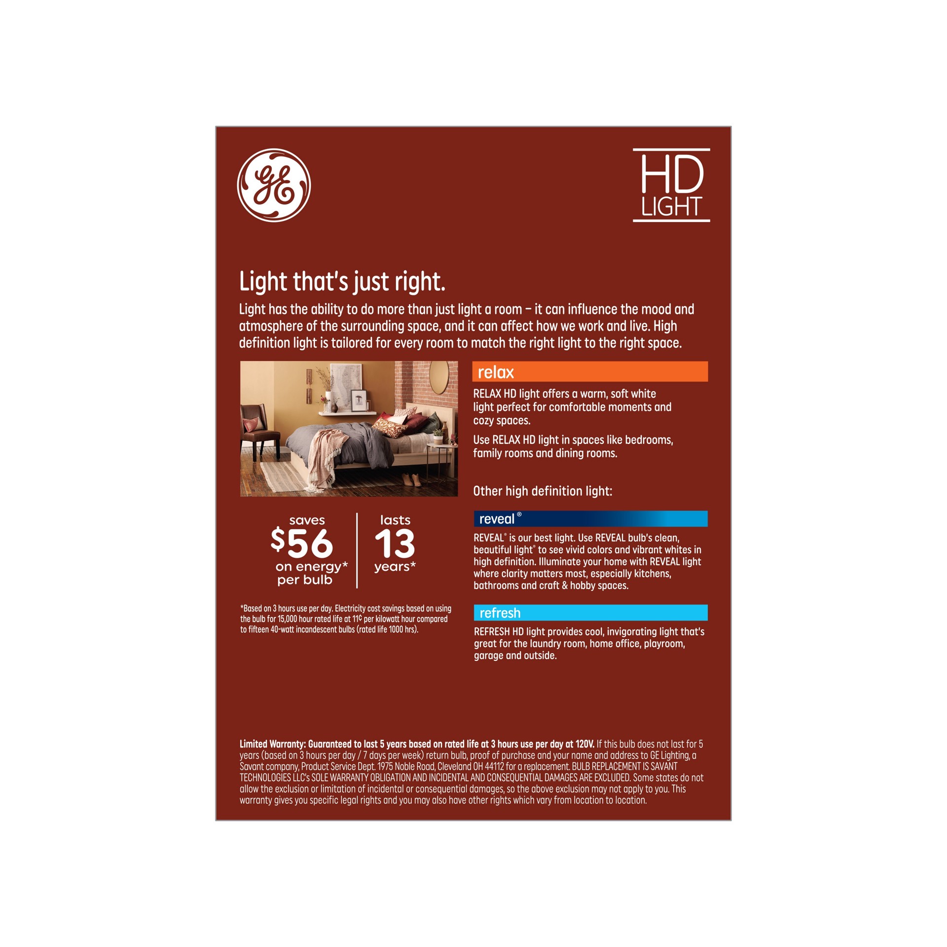 slide 4 of 6, GE Relax HD 40 -Watt EQ A19 Soft white Medium base (E-26) Dimmable LED General purpose Light Bulb 4 -Pack, 1 ct