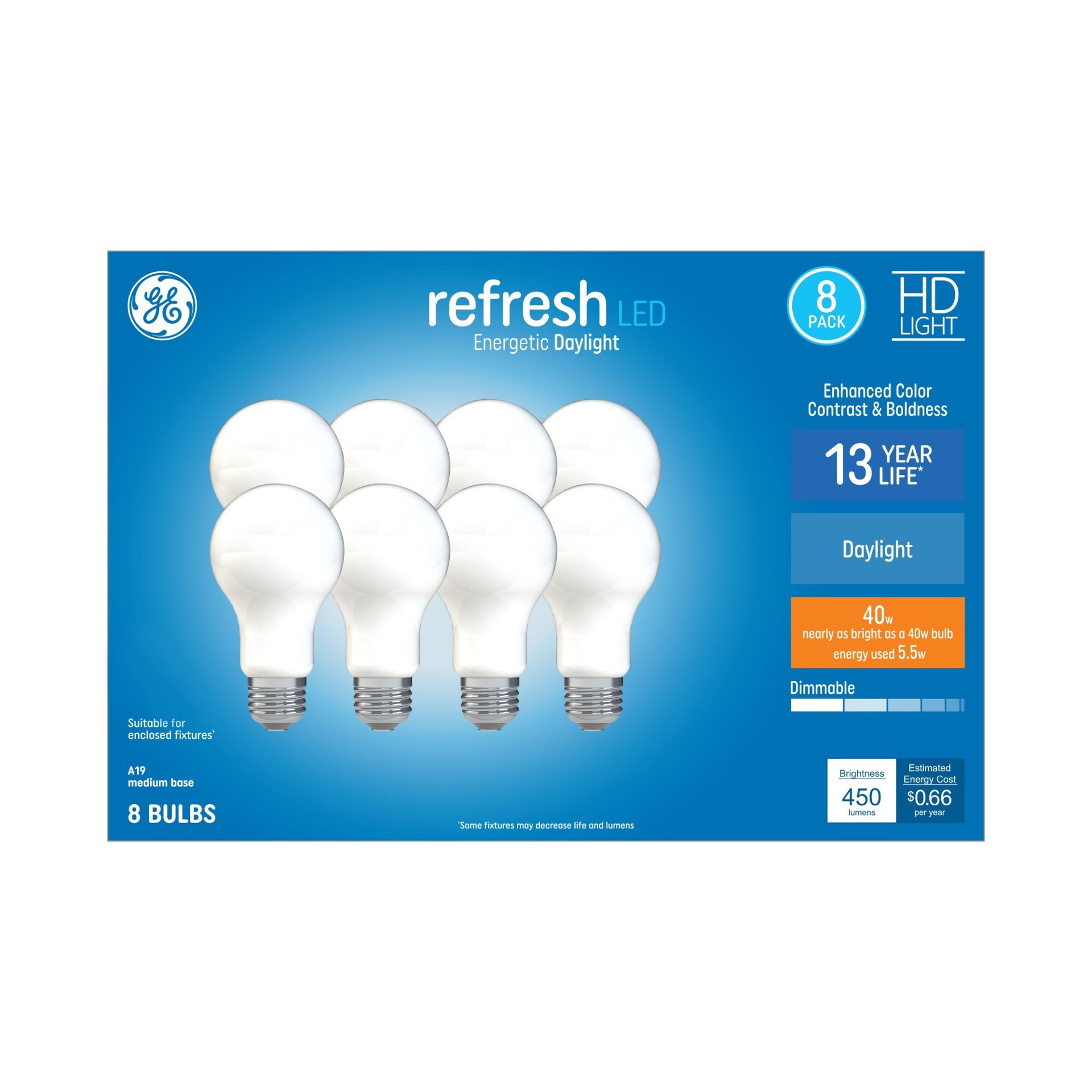 slide 4 of 6, GE Refresh HD 40 -Watt EQ A19 Daylight Medium base (E-26) Dimmable LED General purpose Light Bulb 8 -Pack, 1 ct