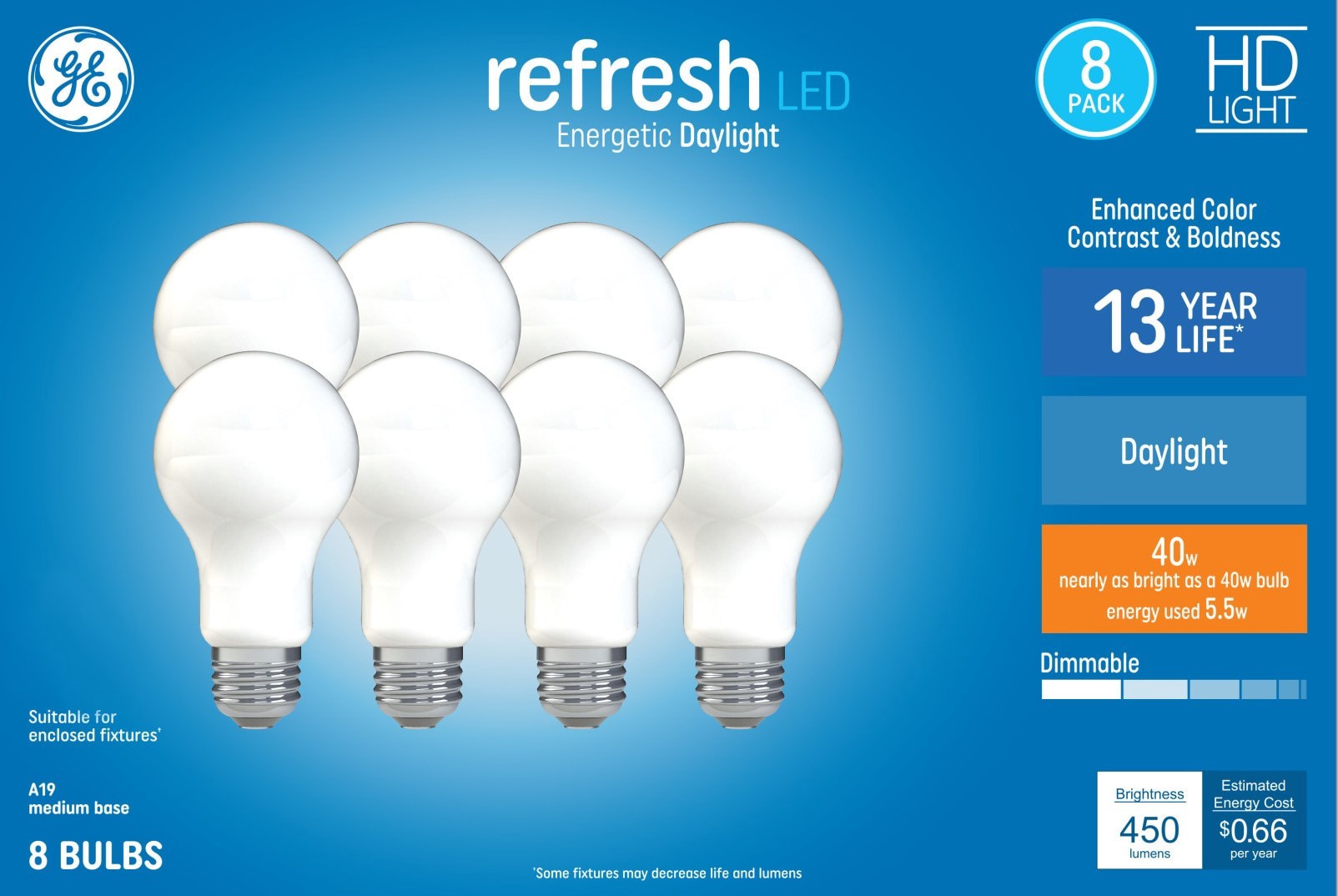 slide 1 of 6, GE Refresh HD 40 -Watt EQ A19 Daylight Medium base (E-26) Dimmable LED General purpose Light Bulb 8 -Pack, 1 ct