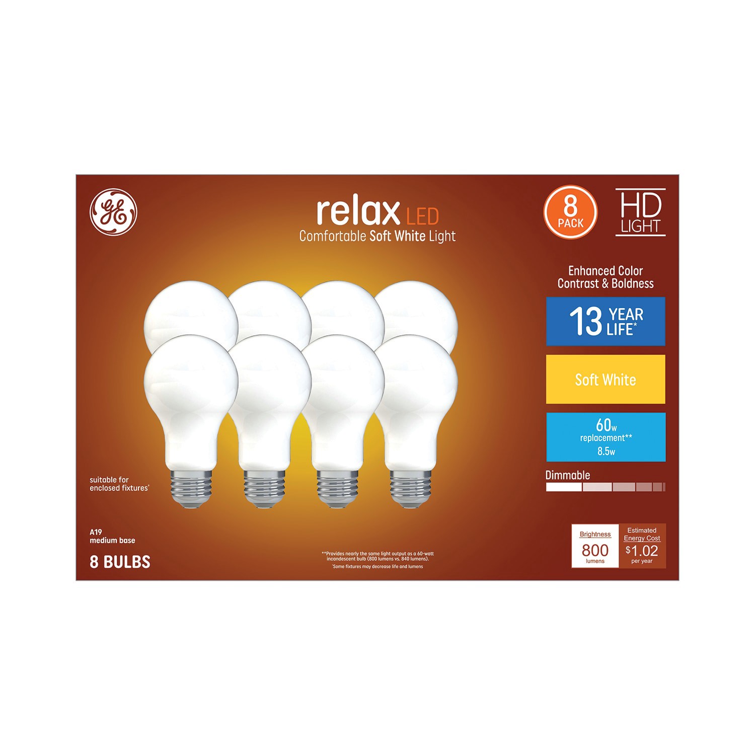 slide 4 of 6, GE Relax 60 -Watt EQ A19 Soft white Medium base (E-26) Dimmable LED General purpose Light Bulb 8 -Pack, 1 ct