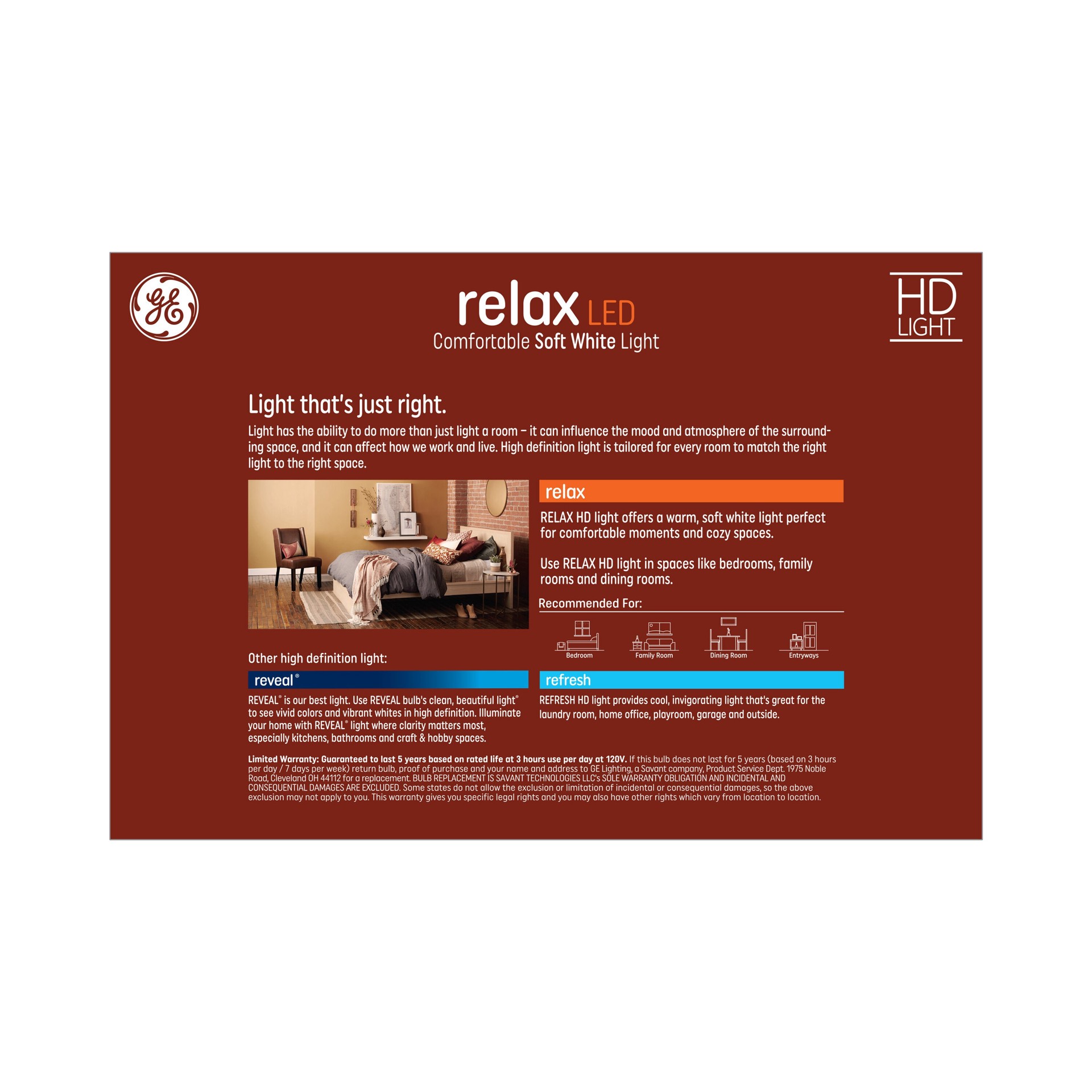 slide 5 of 6, GE Relax 60 -Watt EQ A19 Soft white Medium base (E-26) Dimmable LED General purpose Light Bulb 8 -Pack, 1 ct