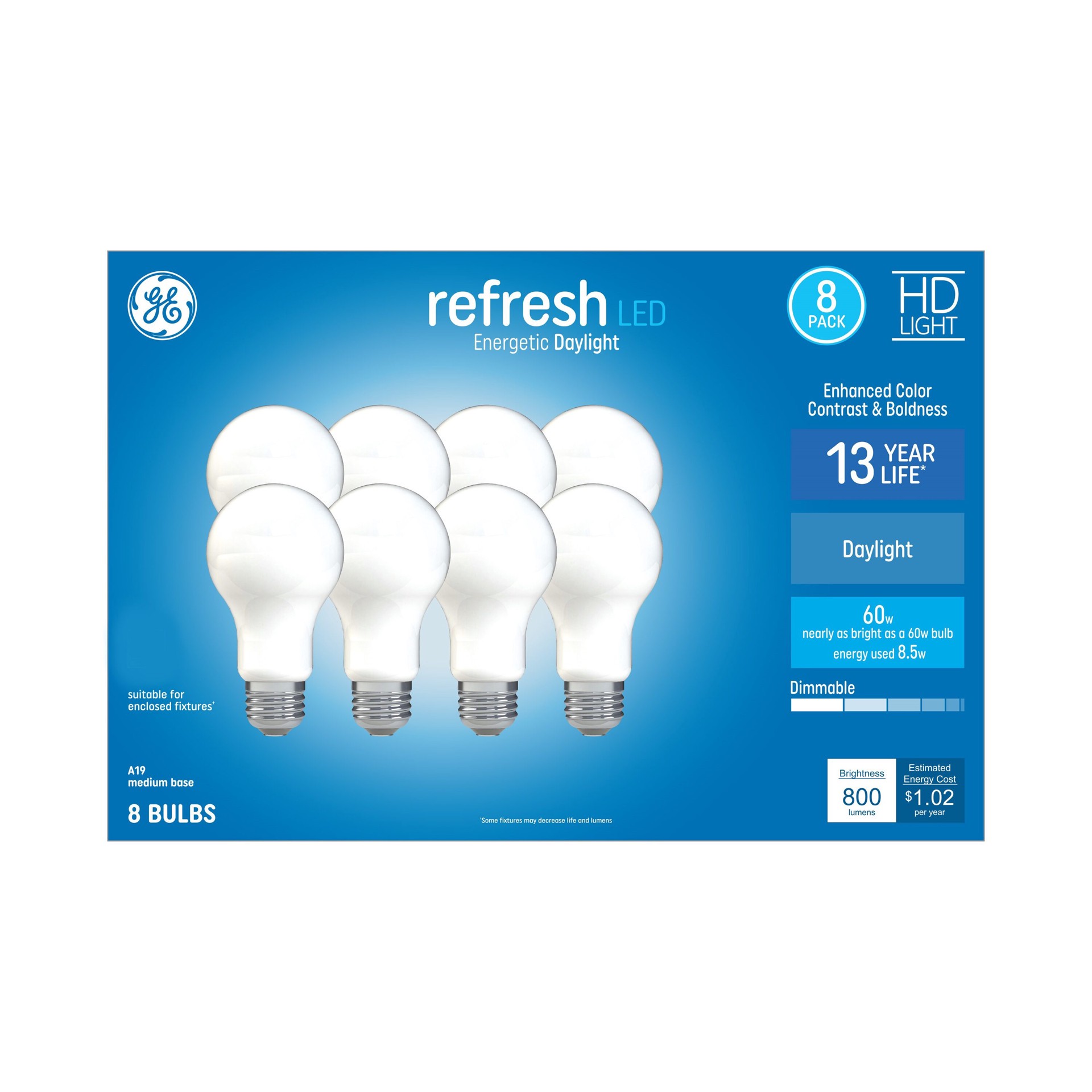 slide 4 of 6, GE Refresh 60.0 -Watt EQ A19 Daylight Medium base (E-26) Dimmable LED General purpose Light Bulb 8 -Pack, 1 ct