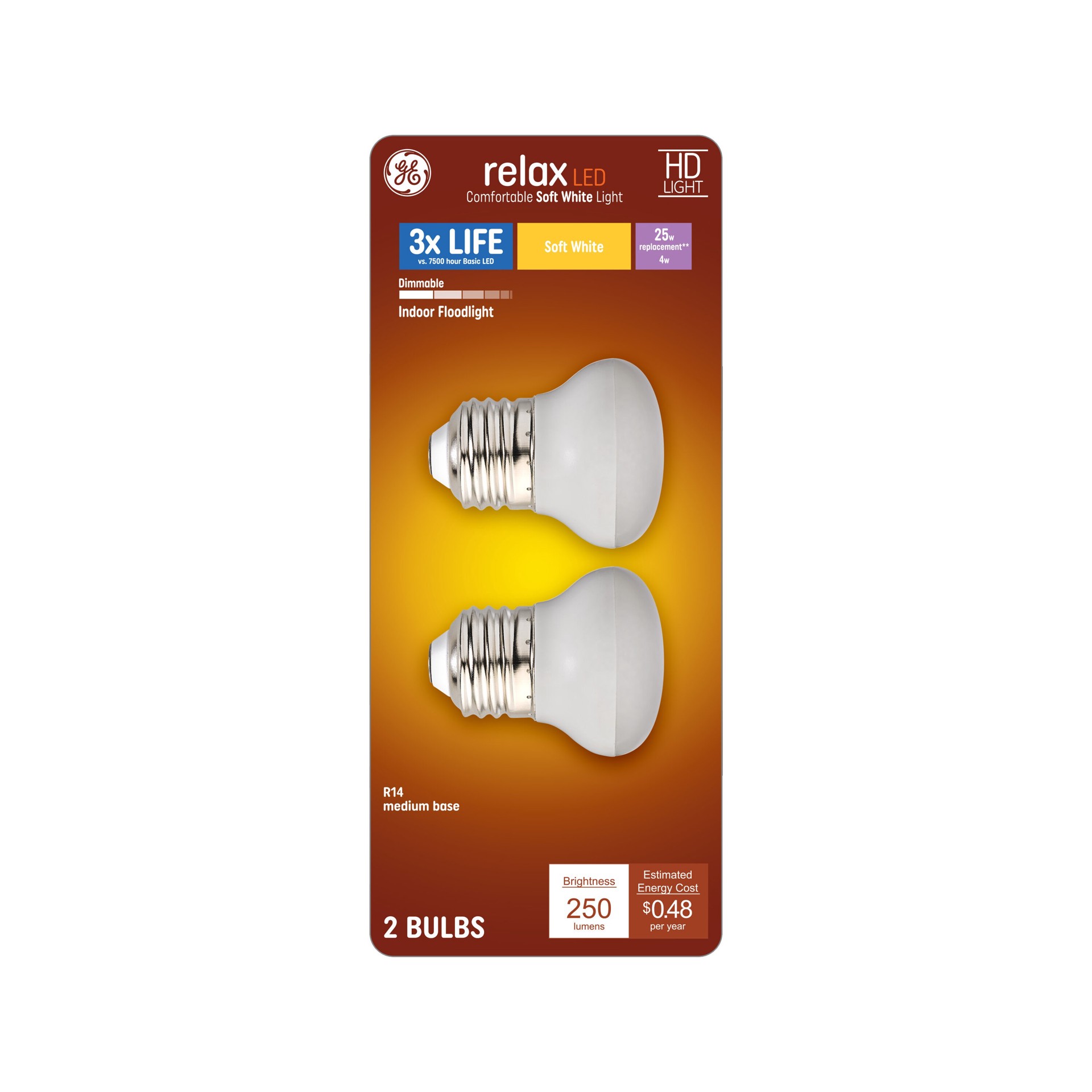 slide 4 of 6, GE Relax 25 -Watt EQ Soft white Medium base (E-26) Dimmable Spot Flood Light Bulb 2 -Pack, 1 ct