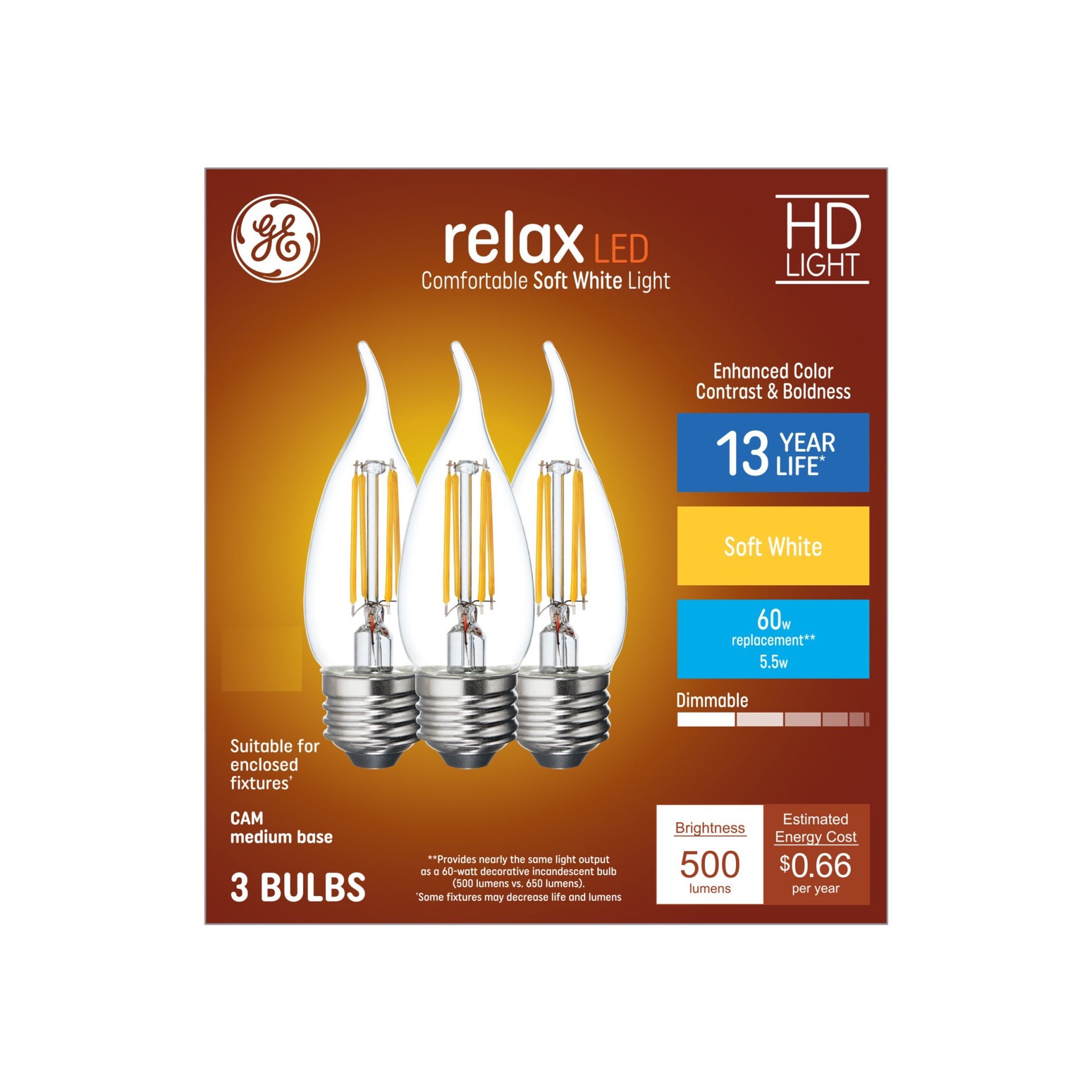 slide 4 of 6, GE 60 -Watt EQ CA11 Soft white Medium screw base E26 Dimmable LED Decorative Light Bulb 3 -Pack, 1 ct