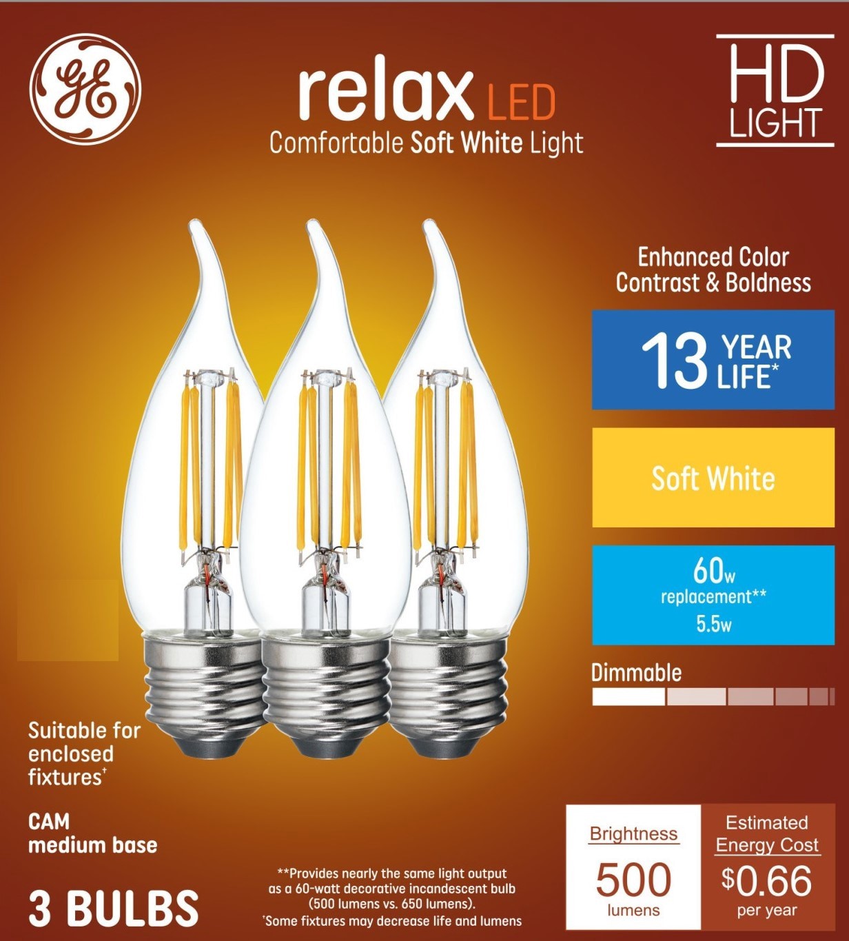 slide 1 of 6, GE 60 -Watt EQ CA11 Soft white Medium screw base E26 Dimmable LED Decorative Light Bulb 3 -Pack, 1 ct