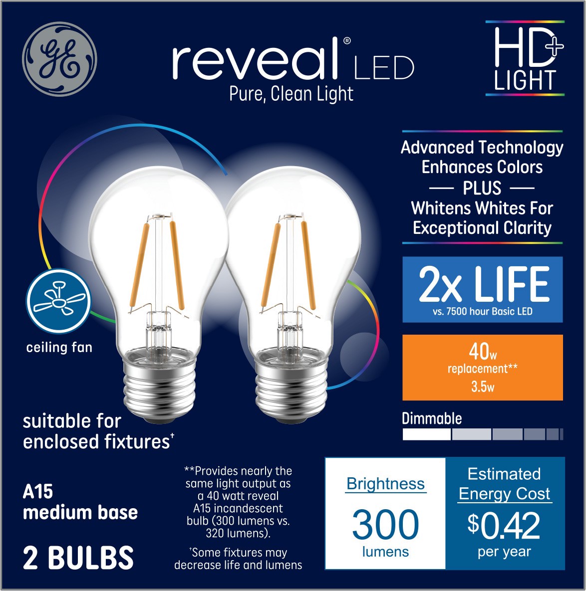 slide 1 of 6, GE Reveal 40 -Watt EQ A15 Color-enhancing Medium base (E-26) Dimmable LED General purpose Light Bulb 2 -Pack, 1 ct
